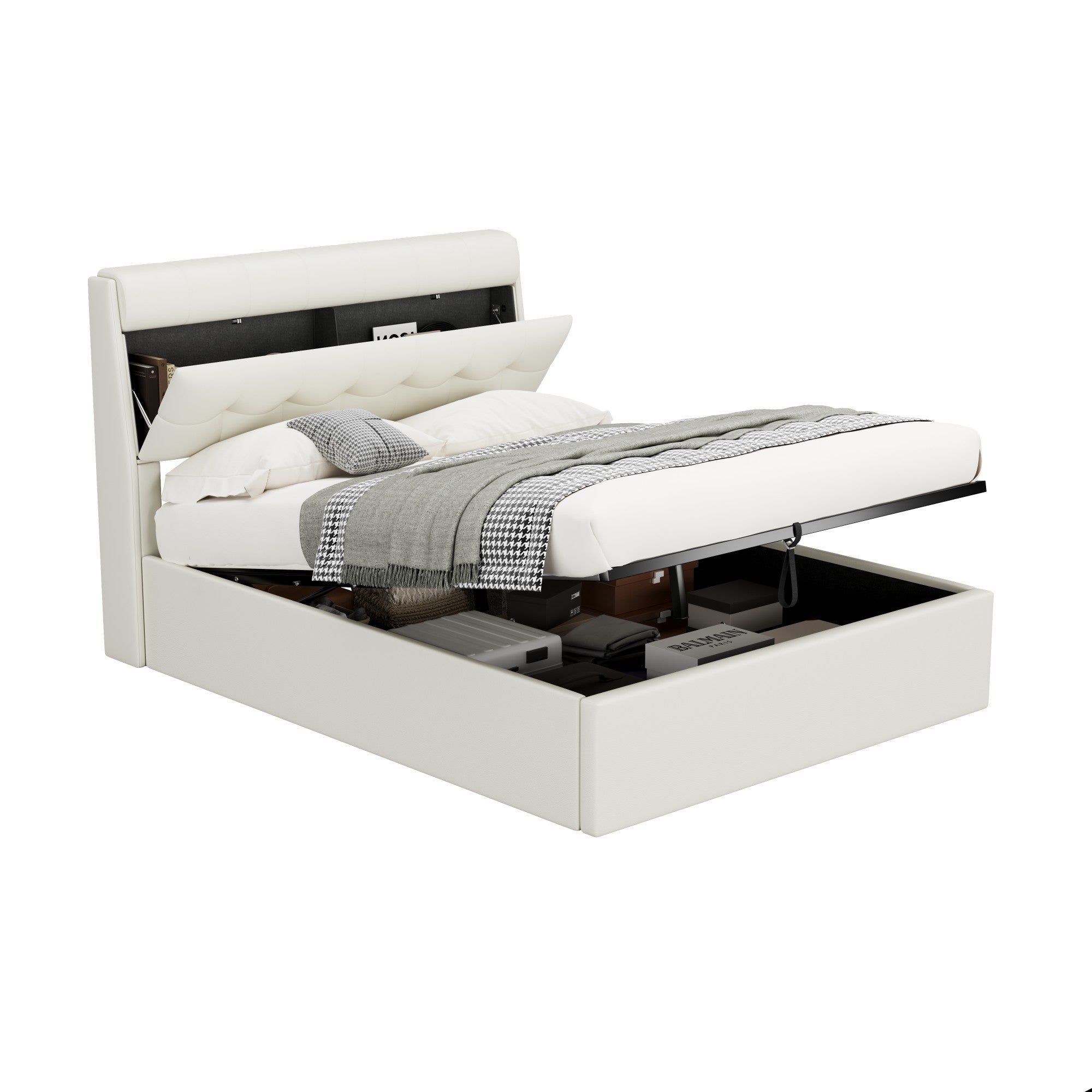 Lit coffre 140 x 200 cm avec tête de lit rangement - LEDs - Cuir PU - Blanc (sans matelas) - 8