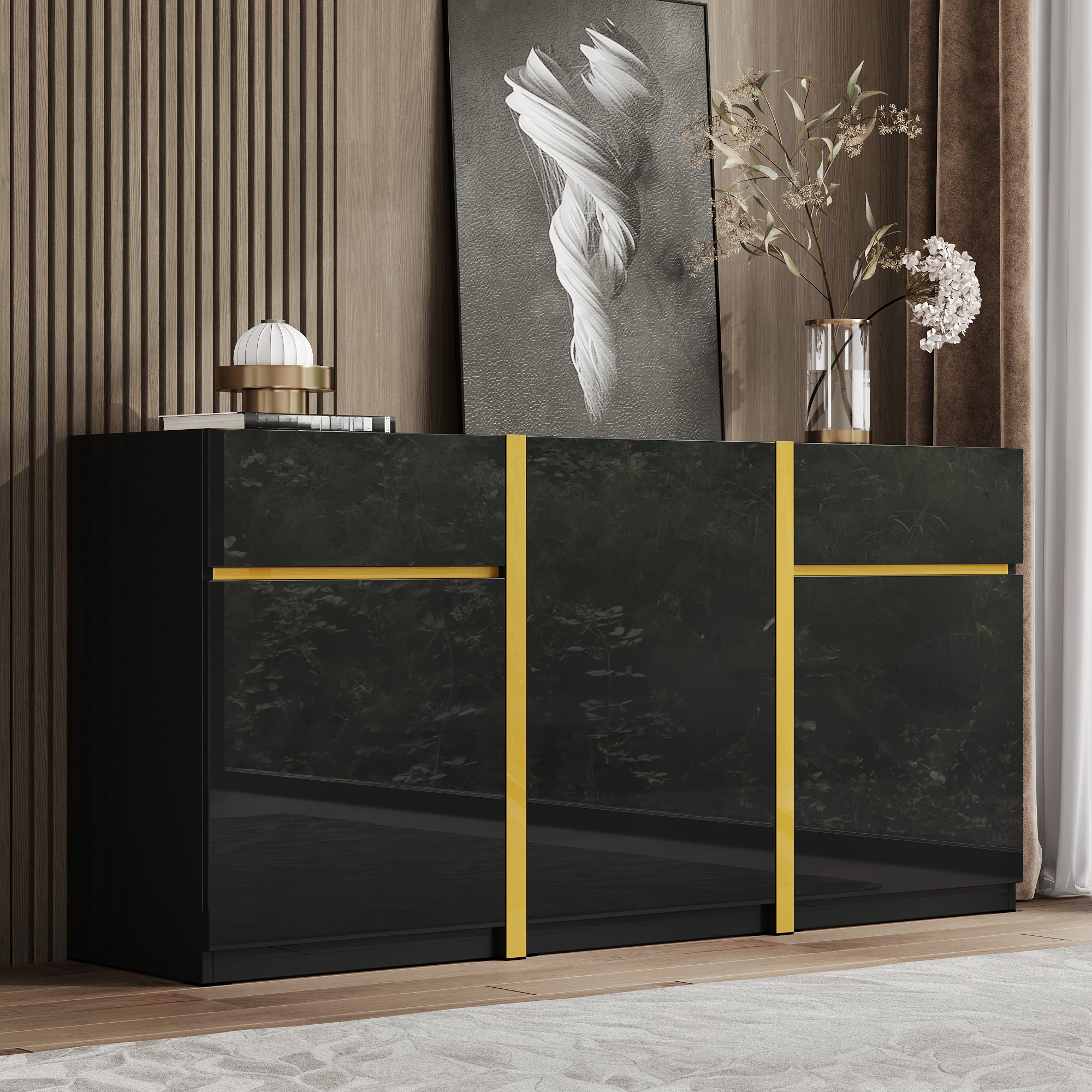 Komoda z 3 drzwiami i 2 szufladami - 160 x 40 x 78 cm - Wykończenie błyszczące - Płyta wiórowa + MDF - Kolor czarny