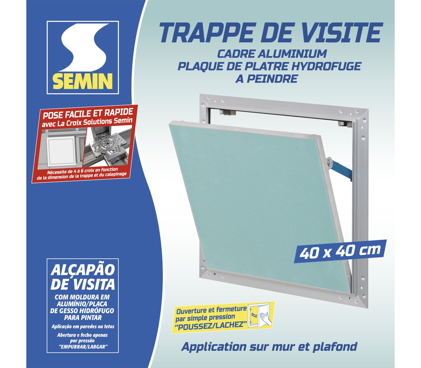 Trappe de visite alu hydro Semin - 400 mm x 400 mm x 12.5 mm - ouverture poussez/lâchez - pièces humides - murs et plafonds - 2