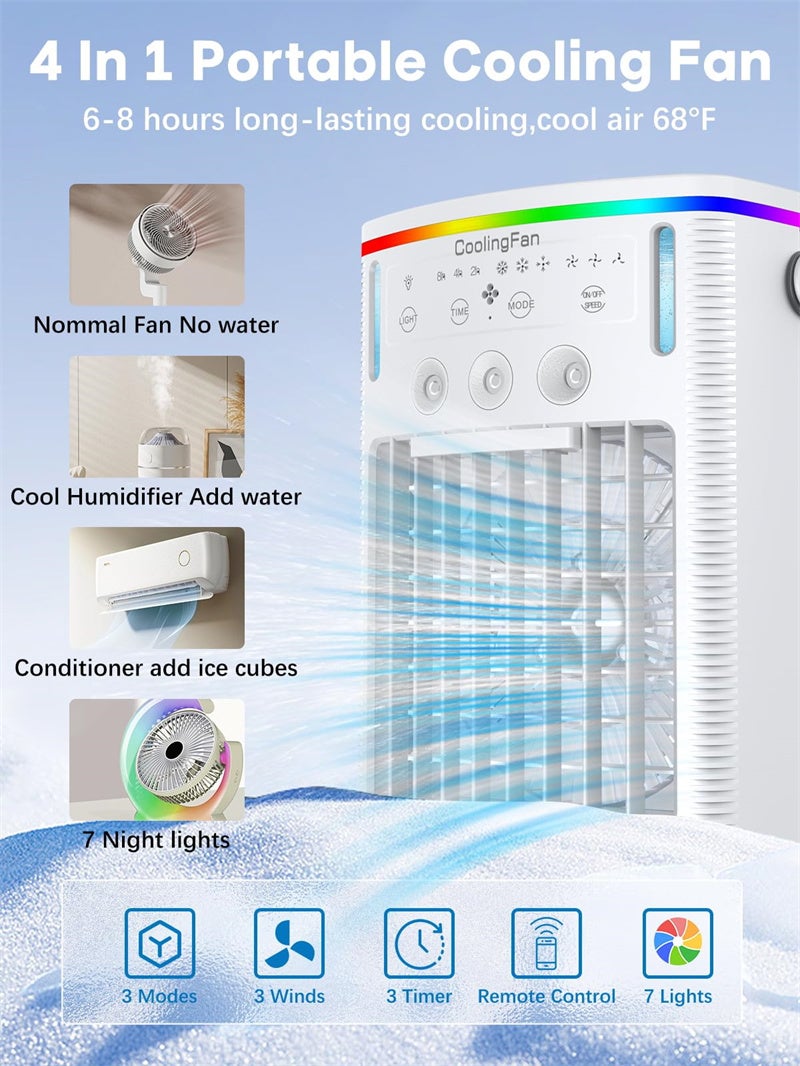 Climatiseur portable, mini climatiseur mobile évaporatif à double buse 1000 ml, avec télécommande, 3 vitesses, 7 couleurs d'éclairage, pour chambre - 3