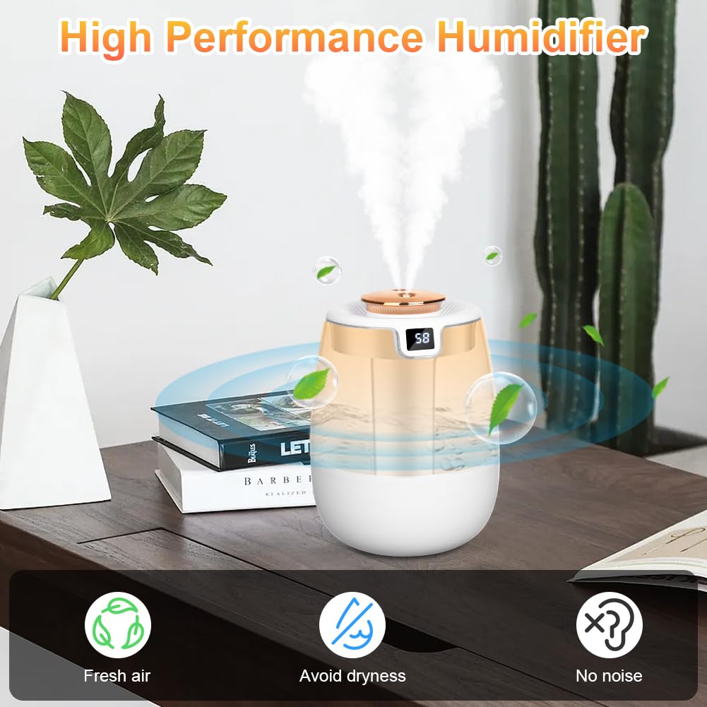 Humidificador para dormitorio - Humidificador de ambiente de 1.2 L con doble boquilla y luz nocturna, pantalla digital, 30 dB para oficina (blanco) - 4