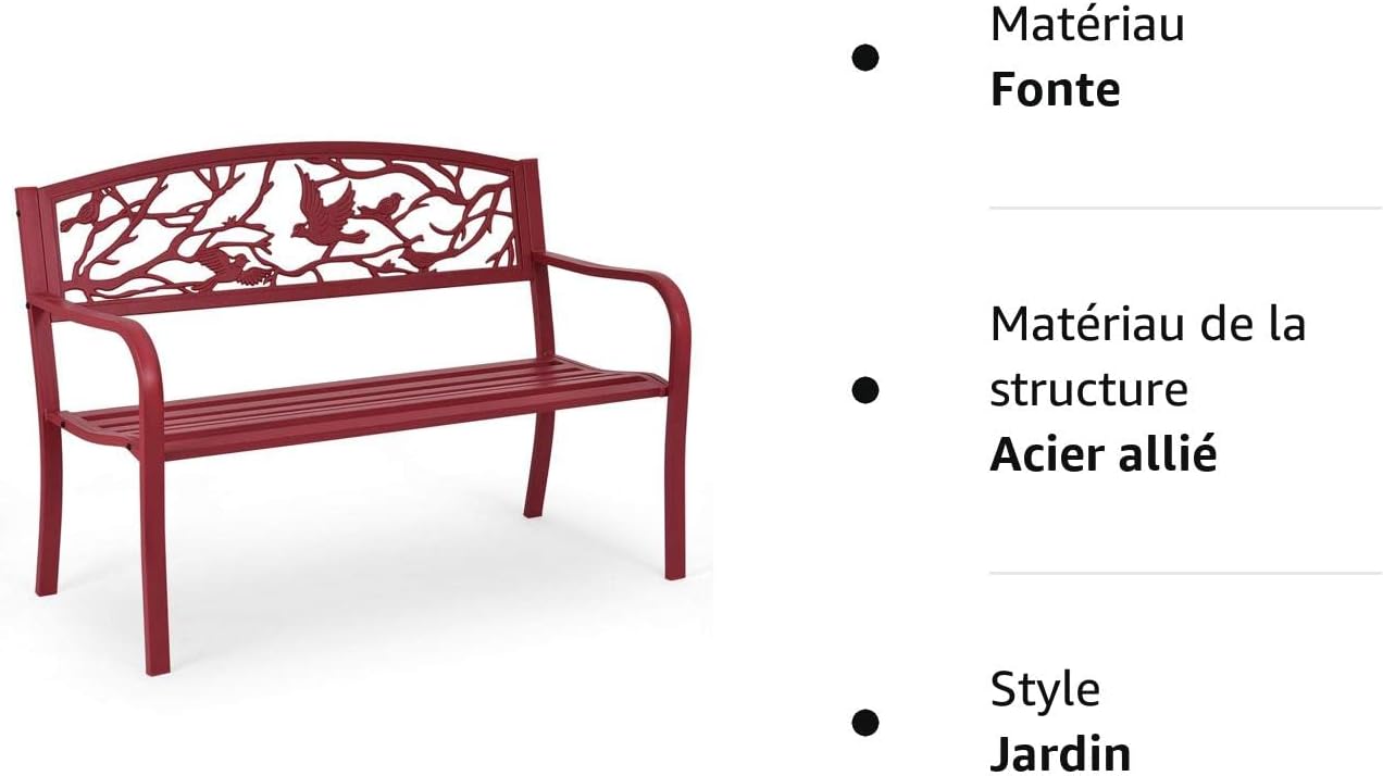 Banc de Jardin Structure Stable Banquette de Jardin Motif Oiseaux et Branches pour Parc Terrasse Balcon 123 x 60 x 88 cm Rouge - 8
