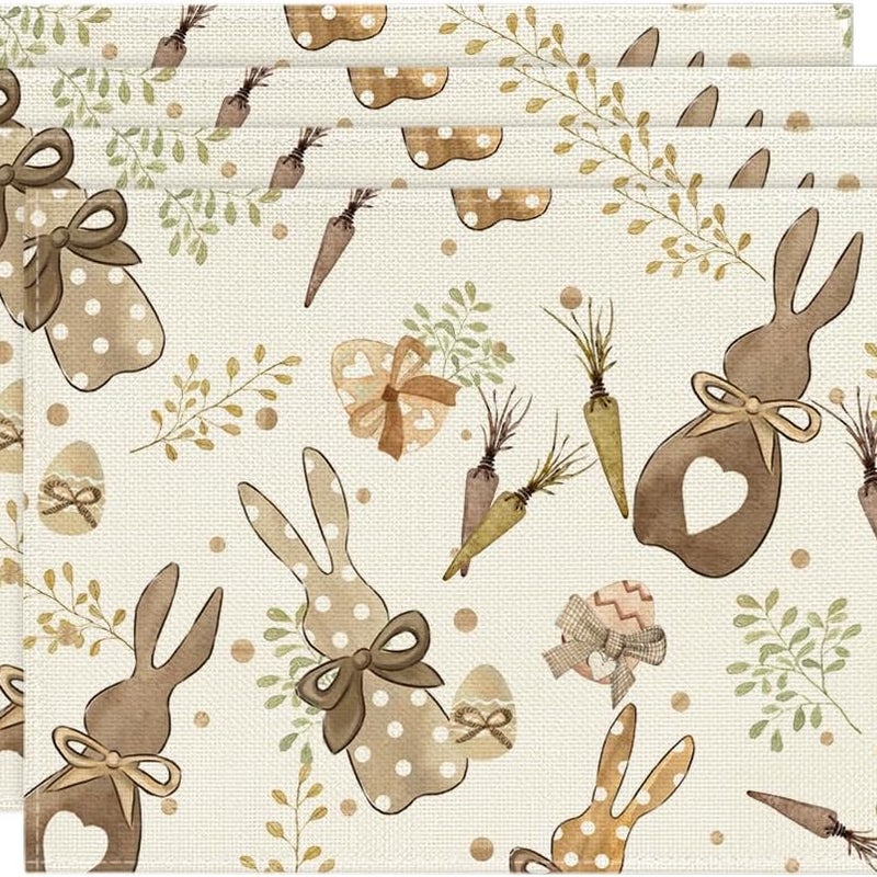 Zestaw 4 zmywalnych podkładek z motywem królika i marchewki, pisanki, 30 x 45 cm, na wiosnę, bankiety, gotowanie, dekoracje imprezowe