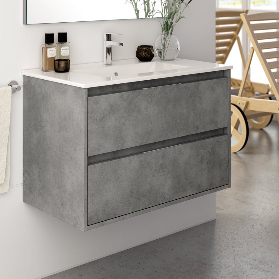 Meuble de salle de bain 100cm simple vasque - 2 tiroirs - IRIS - ciment (gris) - 2