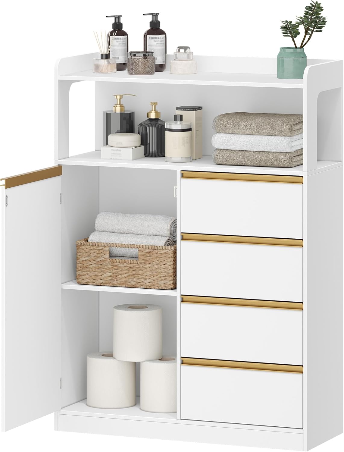 Meuble Salle de Bain, Meuble Salle de Bain Rangement, Placard de Rangement avec 4 Tiroirs, Armoire Haut Salles de Bains, Étagères Réglables, Blanc - 2