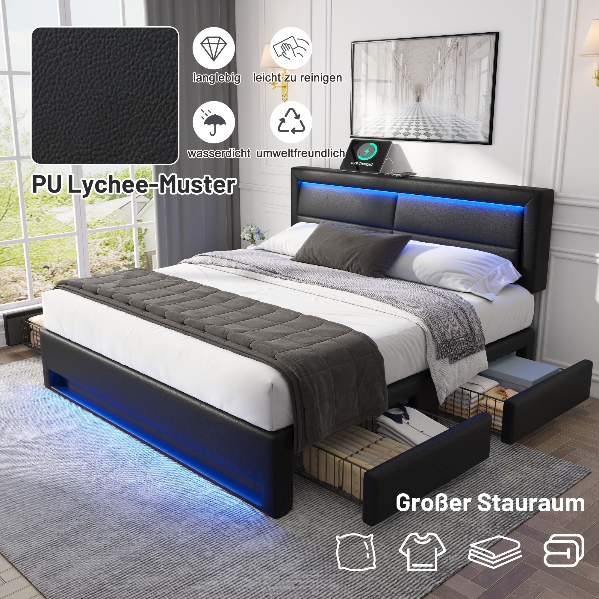 Łóżko podwójne 140x190 cm z ekoskóry z LED - 4 szuflady - z portami ładowania (przewodowym i bezprzewodowym) - Czarne - 6