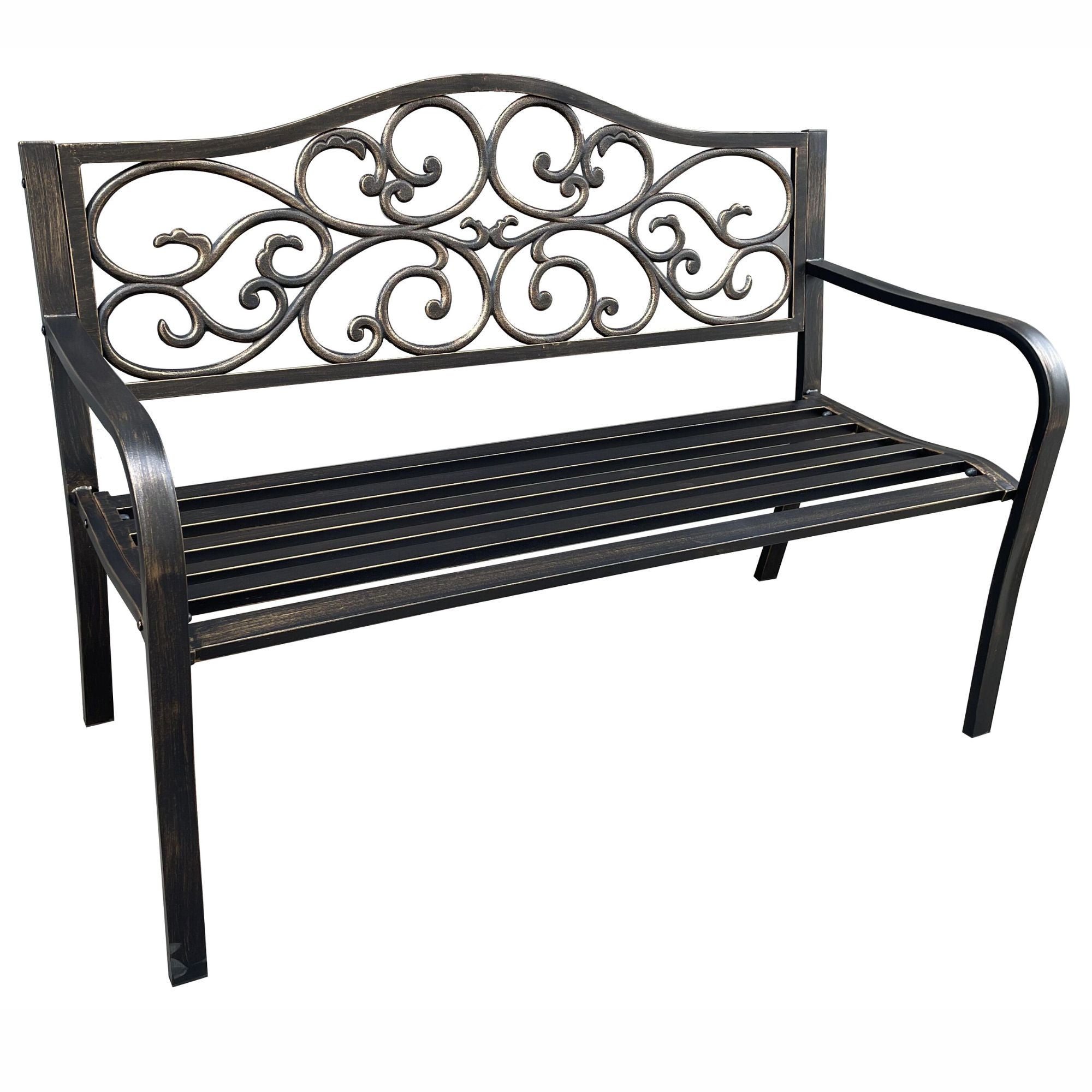 Brązowa ławka ogrodowa IRGA ze stalowymi nogami i żeliwnym oparciem szerokość 127 cm