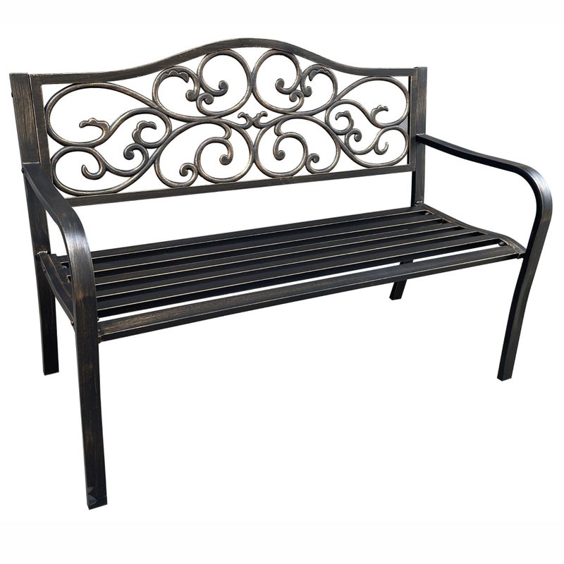 Brązowa ławka ogrodowa IRGA ze stalowymi nogami i żeliwnym oparciem szerokość 127 cm