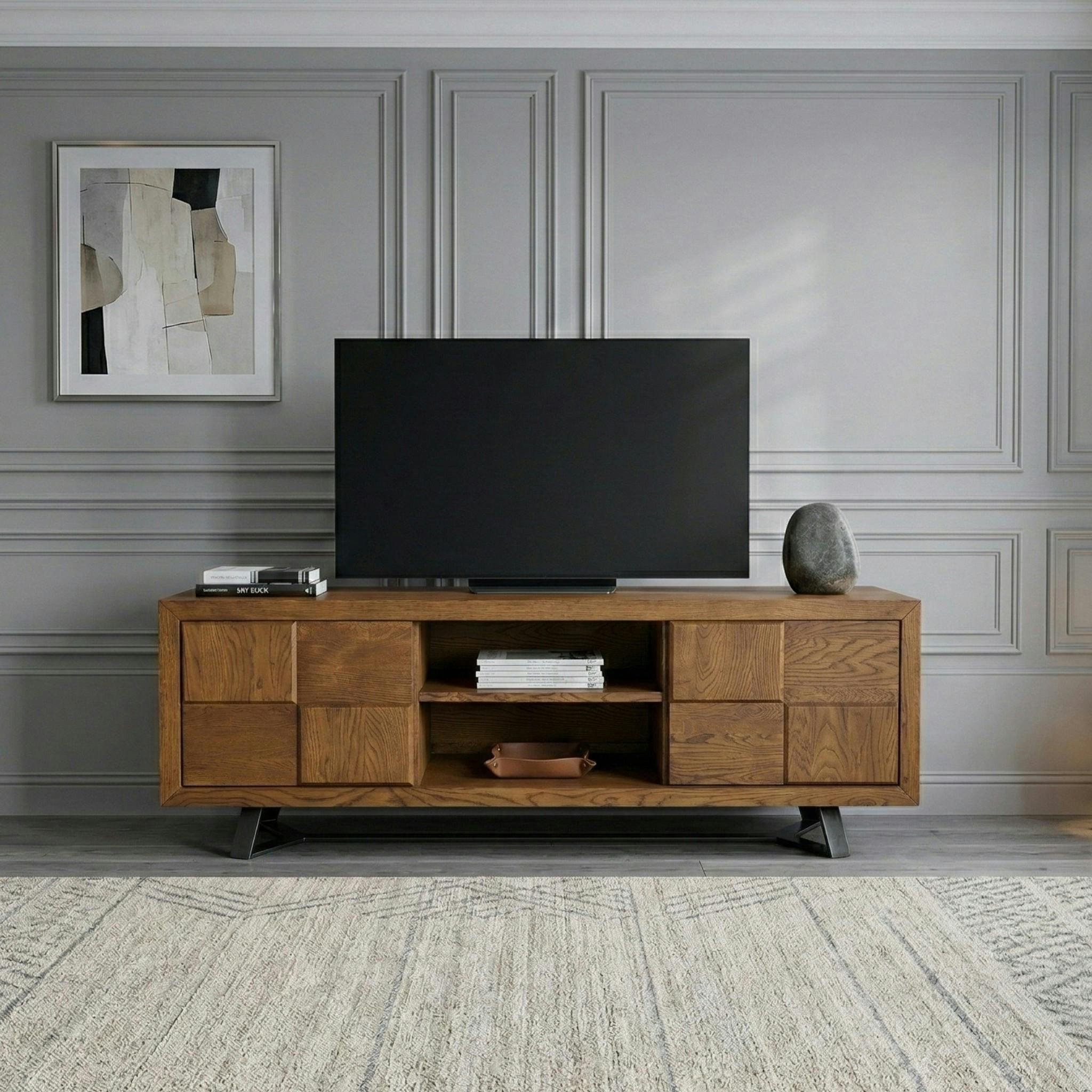 Meuble TV D'angle En Chêne - Marron, Avec Tiroir, Placard Et Gestion Câbles - 95x62x82 Cm