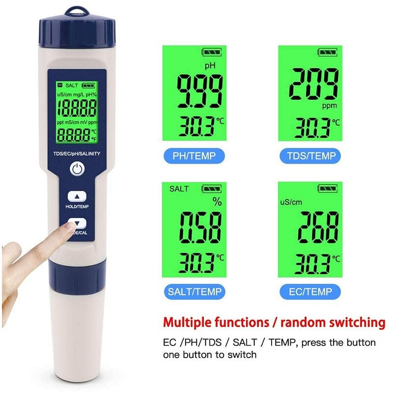 PH-mètre électronique 5 en 1, mesure pH & TDS & EC salinité & température testeur de qualité de l'eau, écran LCD - 3