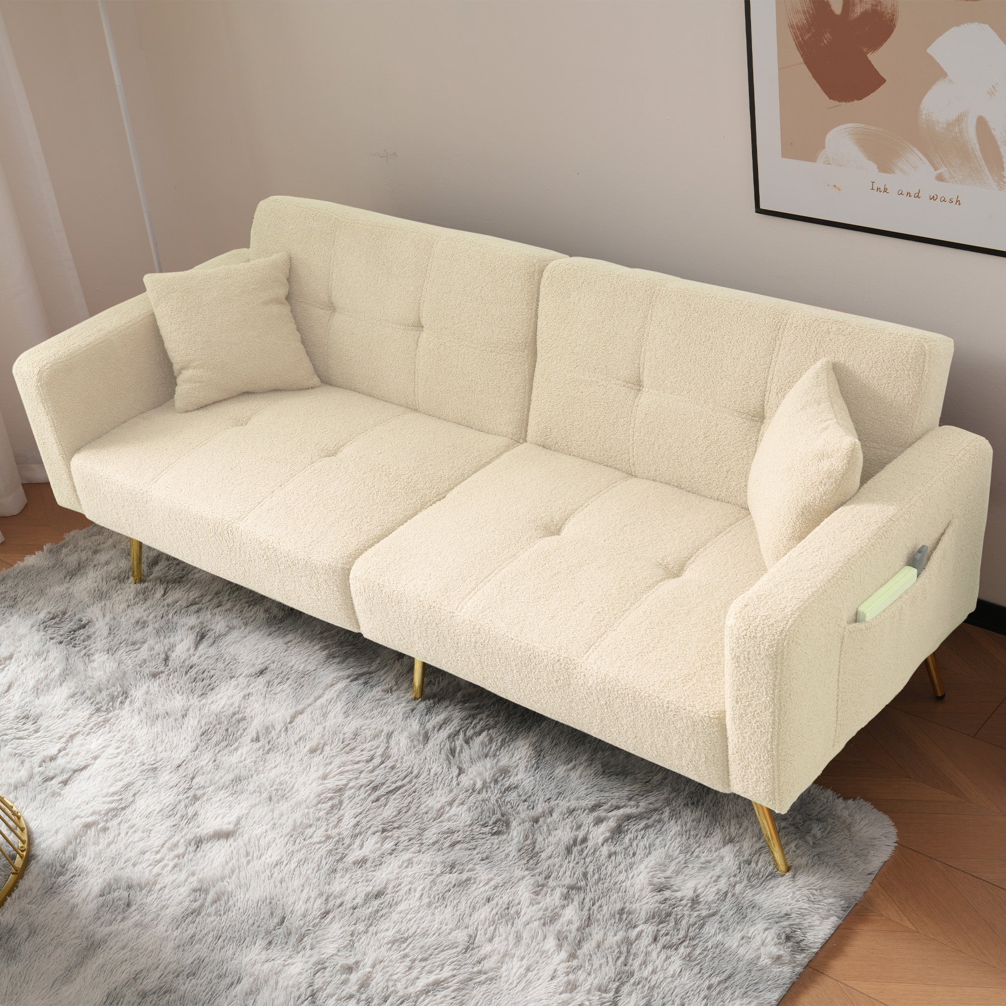 Canapé-lit 175x64x72cm inclinable avec fonction lit et rangements latéraux - Pieds dorés et coussin inclus - beige - 2
