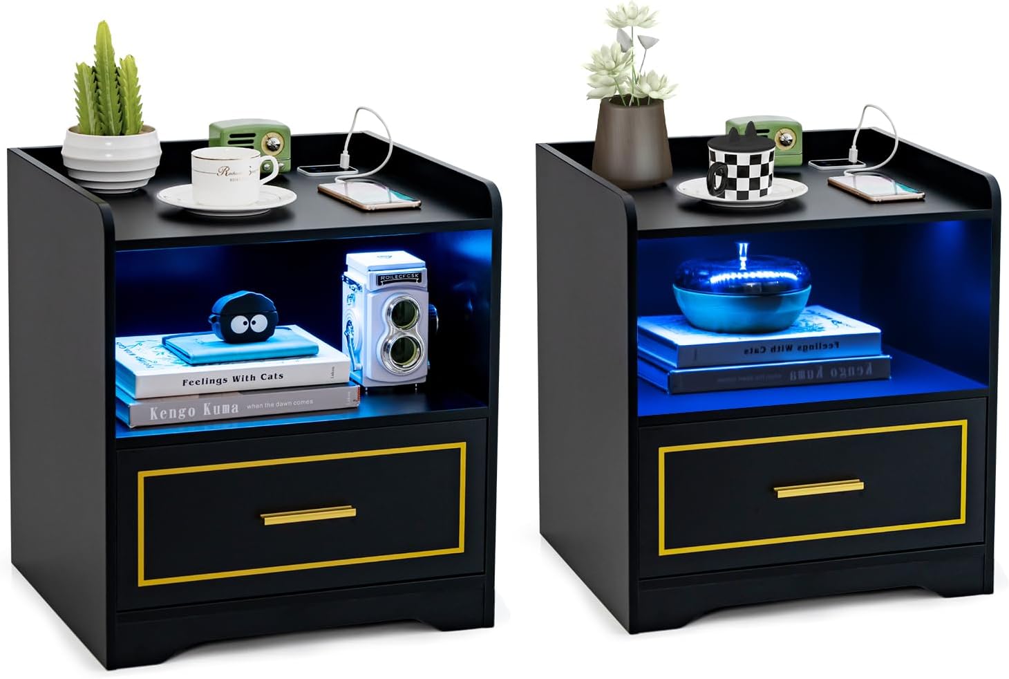 Zestaw 2 stolików nocnych z oświetleniem LED, złączem USB i stacją ładującą typu C, szafka nocna z czujnikiem ruchu, komoda nocna do sypialni,