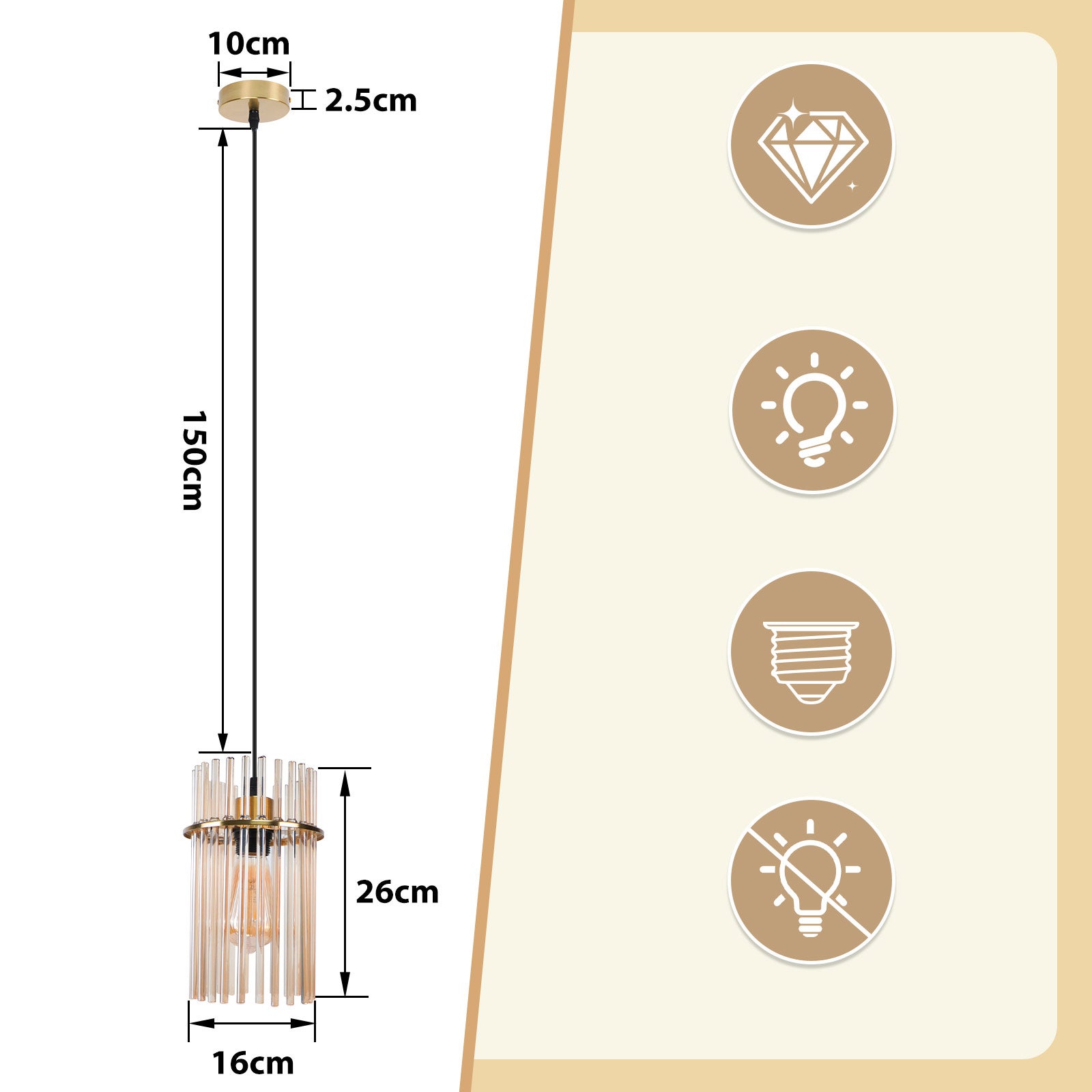 ZMH Lampa wisząca jednopunktowa, oprawka E27 szklana, kolor złoty, Ø16cm, do jadalni, kawiarni, baru, kuchni, salonu (żarówka nie jest dołączona) - 7