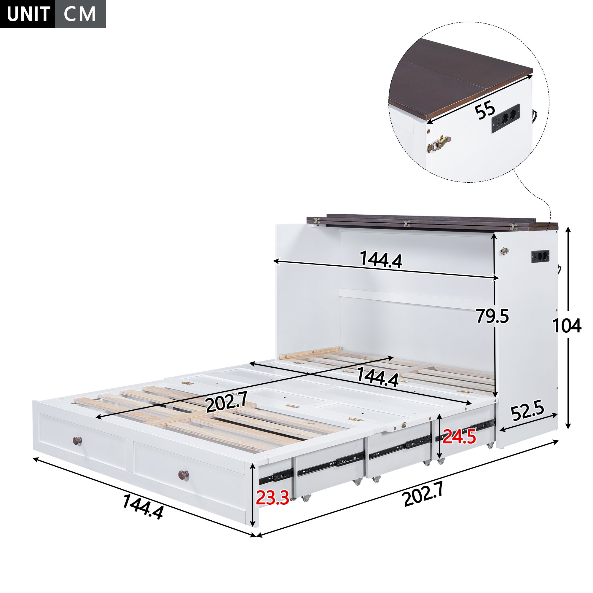 Lit escamotable 140 x 200 cm avec 2 tiroirs et étagère en tête de lit - Bois de pin et MDF - Prise USB - Blanc - 7