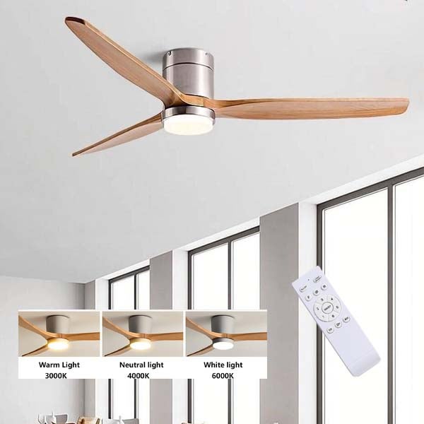 Ventilateur de plafond avec pales en bois, lumière led 3000k 4000k