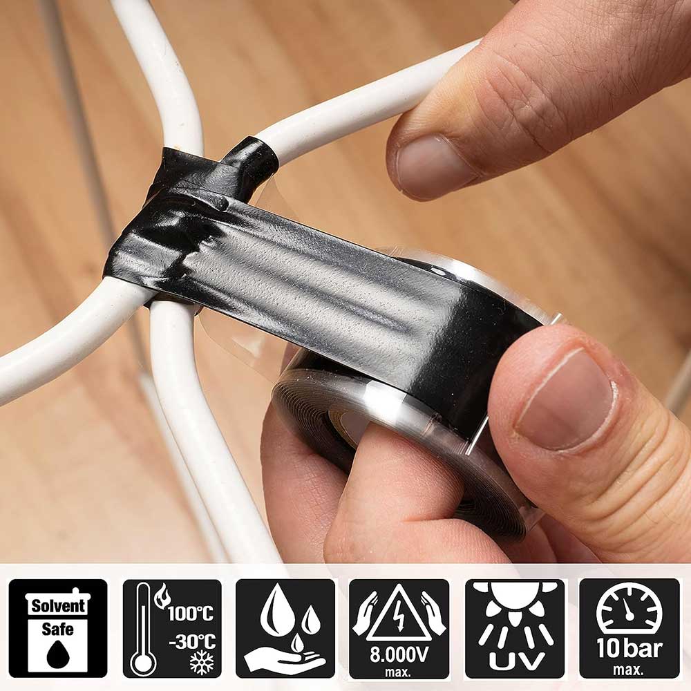 Ruban de réparation silicone isolant et auto-soudant, auto amalgamant, colmate les fuites, étirable et étanche aux UV, à l'air et à l'eau, conditions - 5