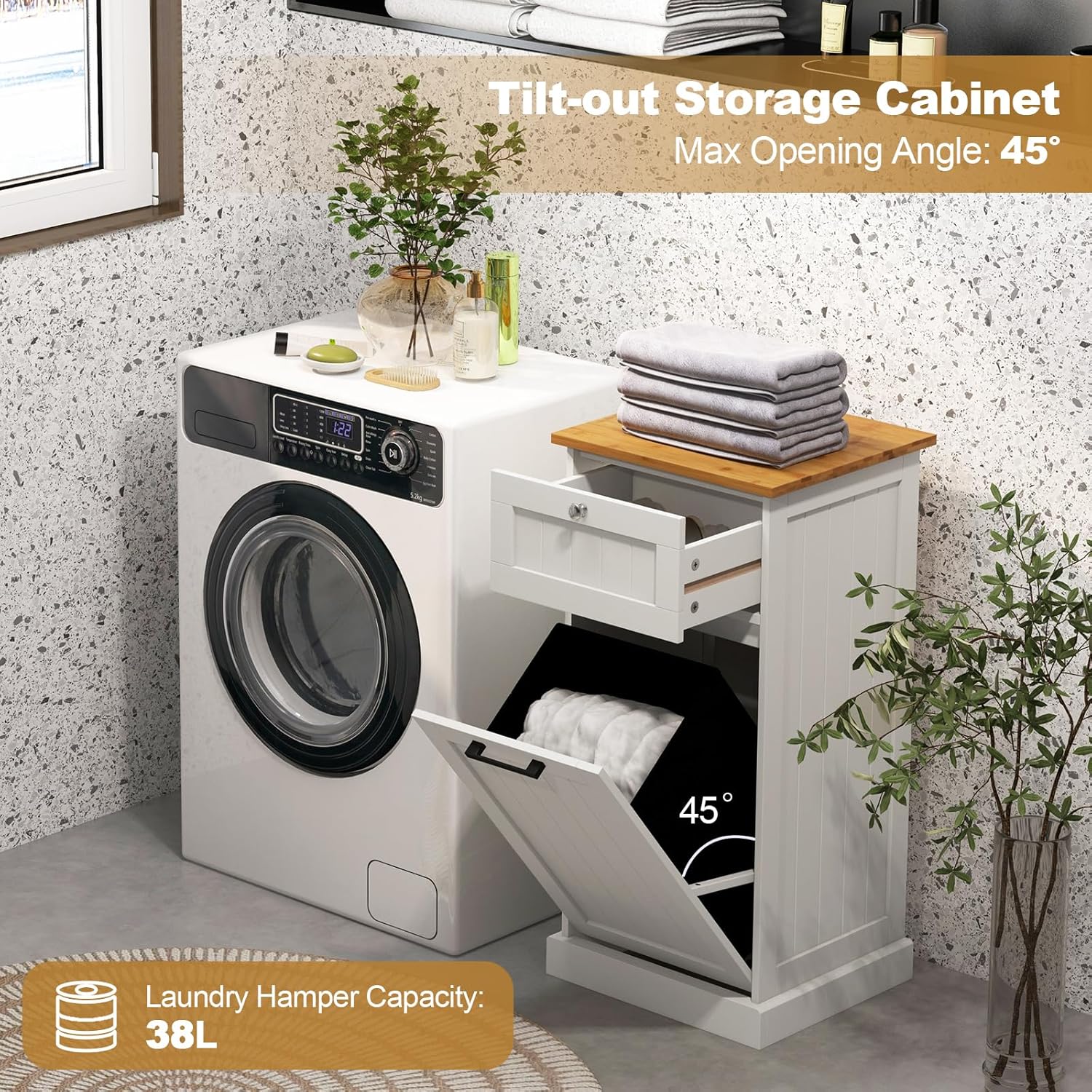 Meuble Salle de Bain avec Panier à Linge, avec Tiroir, Armoire Inclinable & Panier à Linge 38L avec Poignée Portable, 40x37x82 cm (Blanc) - 5