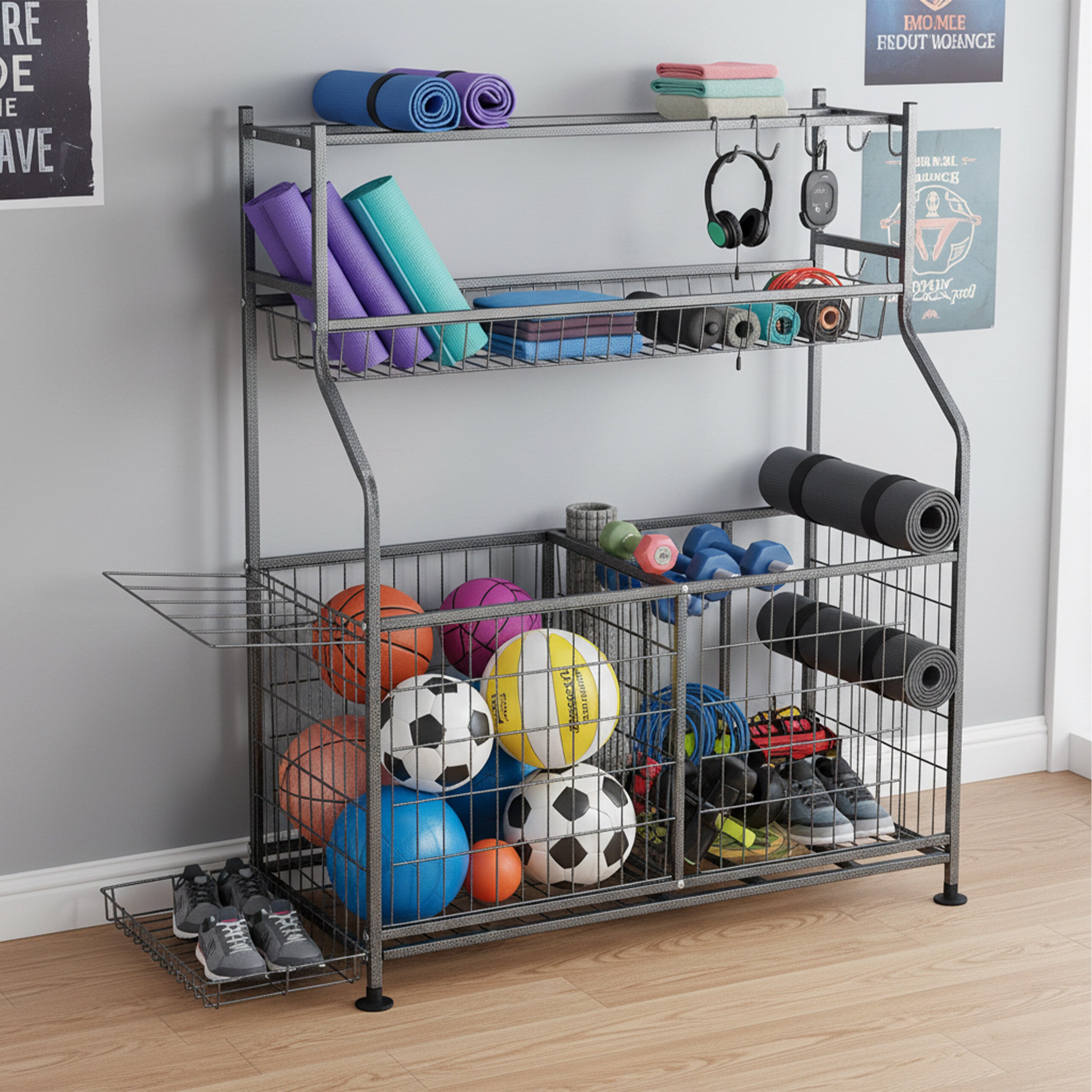 LYNK® Organizer Da Parete Per Attrezzature Sportive – Rastrelliera In Acciaio E Polimero – Larghezza 252 Cm – Ganci Regolabili Per Palloni, Mazze, Racchette E Caschi – Colore Nero
