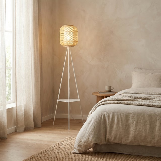 Lampe sur pied trépied en aluminium avec abat-jour en bambou et diffuseur avec plateau pour salon chambre E27