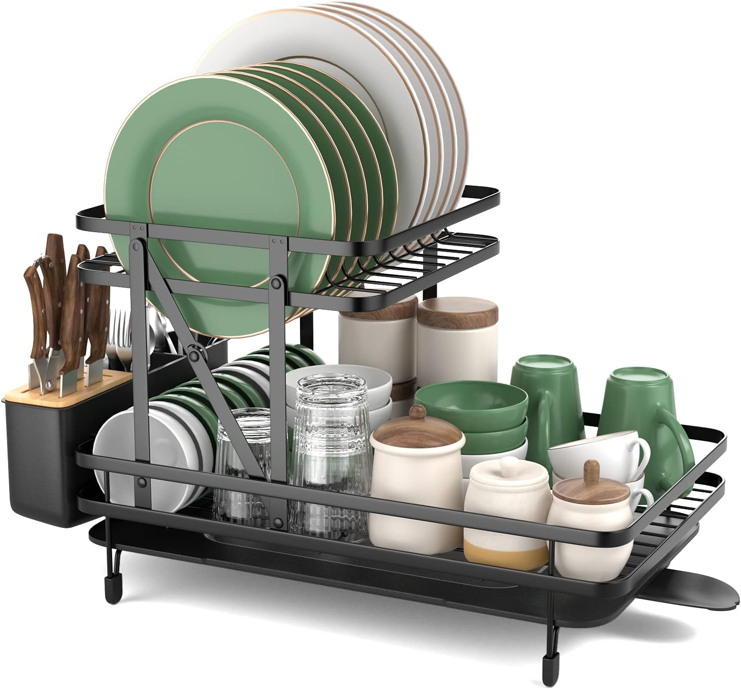 JYPS Scolapiatti da Appoggio, Inox Scolapiatti da Lavello con Drenaggio Automatico, Scola Piatti Lavandino con Portaposate, Salvaspazio Organizer Cucina Dish Rack, 41.5×30×20cm, Nero