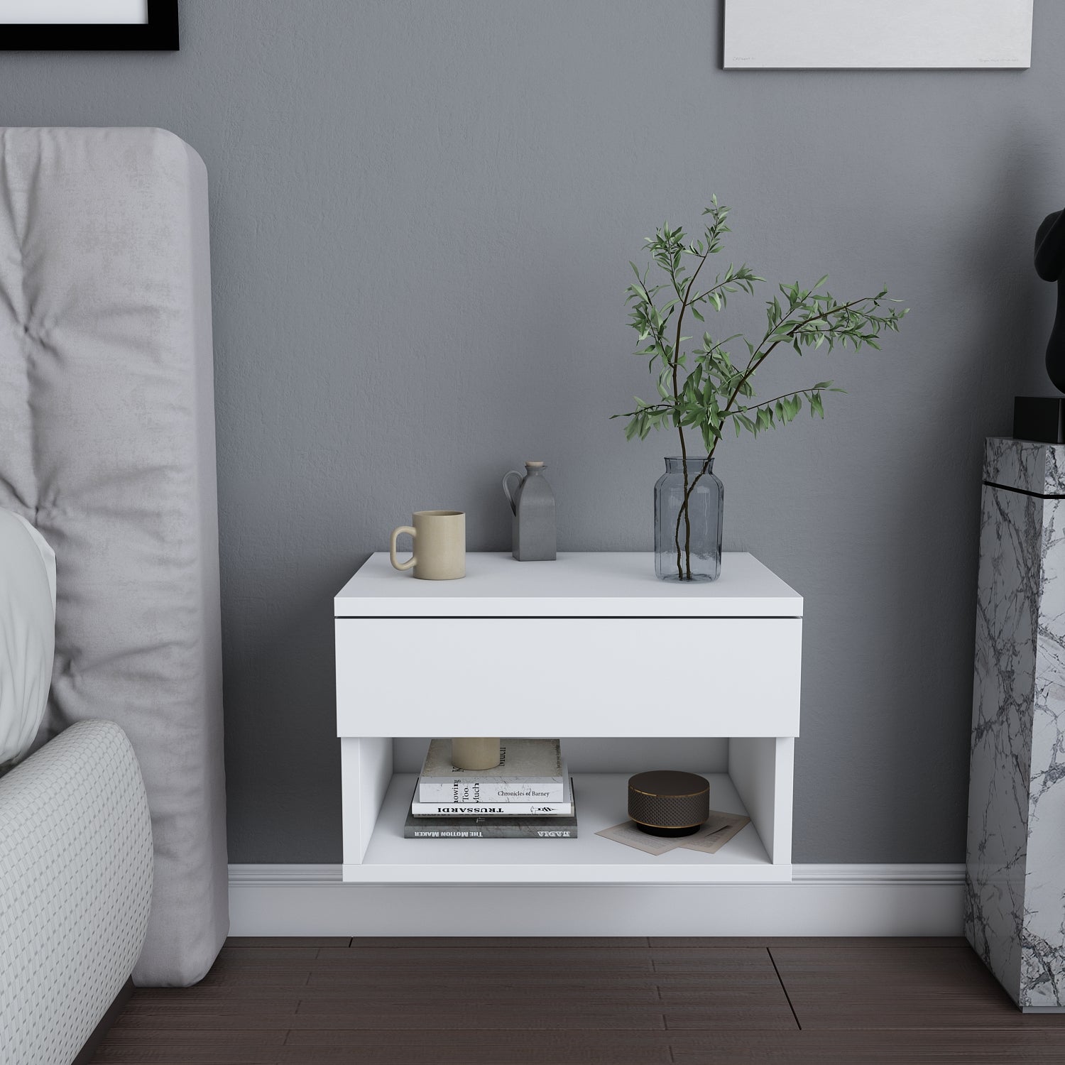 Table De Chevet Flottante HEYZOEY En Rotin Avec Tiroir | Étagère Murale Moderne Blanc | Chambre Salon Salle De Bain