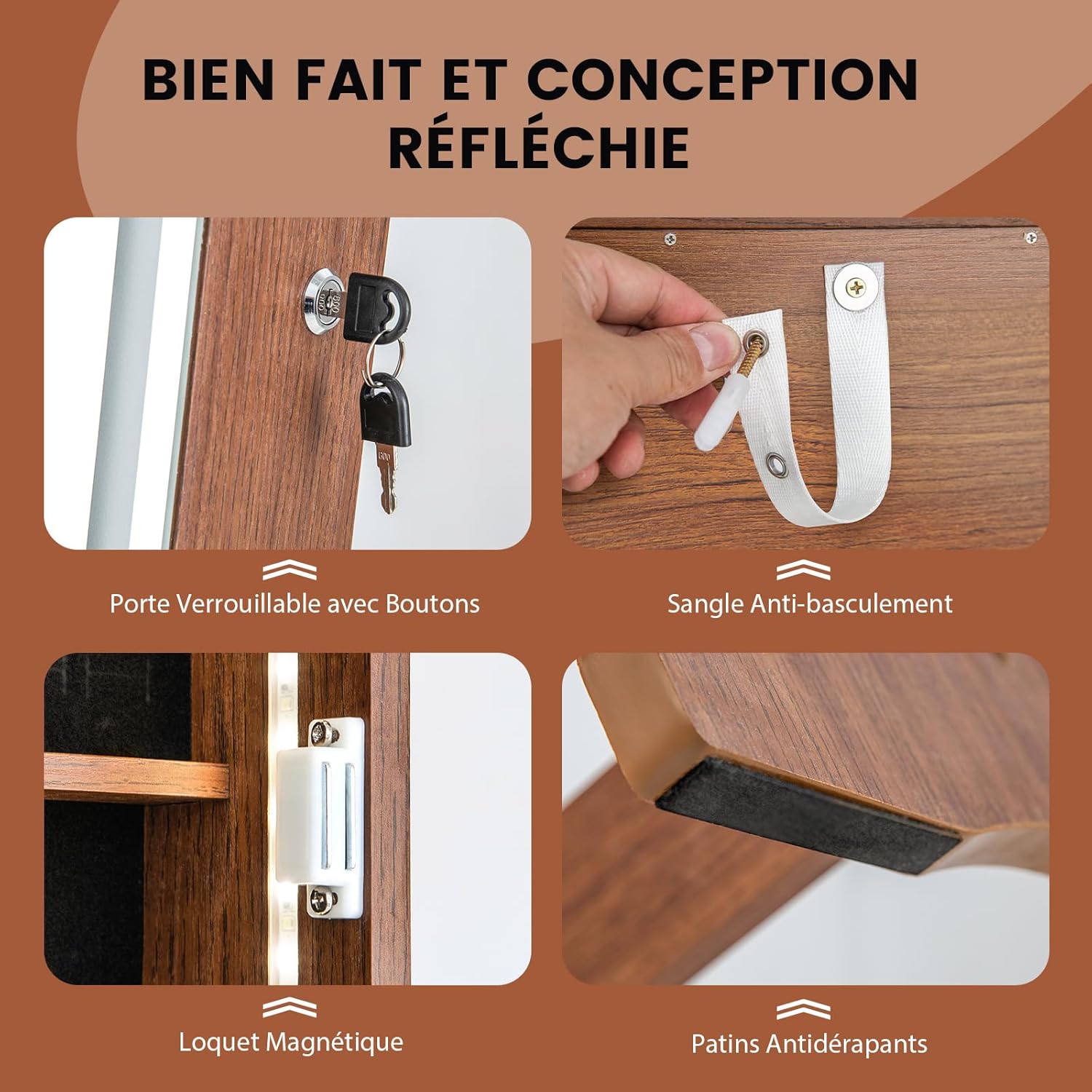 Armoire à Bijoux avec Miroir sur Pieds, Grand Miroir Psyché Sans Cadre avec Éclairage LED 3 Couleurs, avec 3 Angles Ajustables (Noyer) - 9