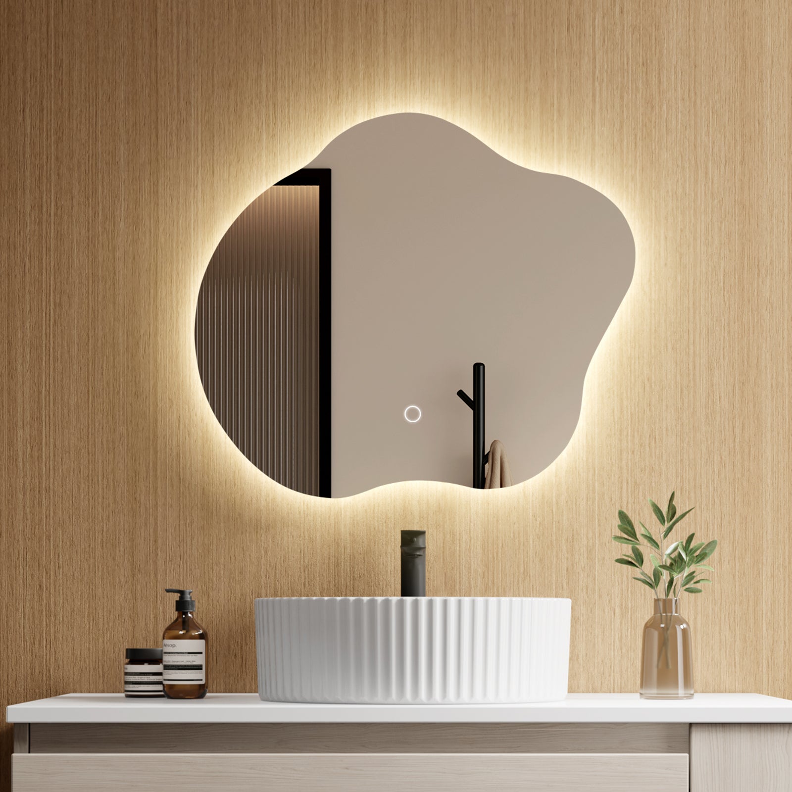 EMKE Lustro łazienkowe z oświetleniem LED 50x45 cm, z 3 barwy światła, możliwość ściemniania, przeciwmgielne, funkcja pamięci, bezramowe