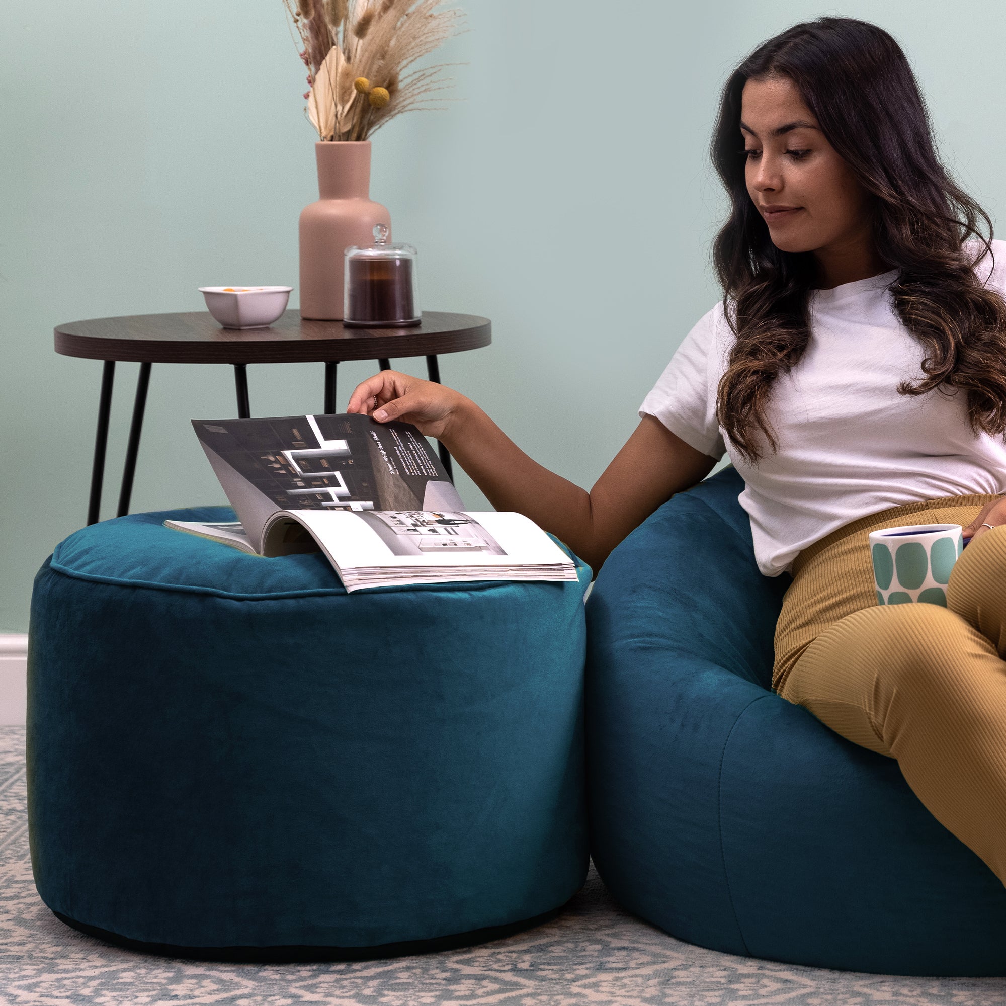 Pouf rond Icon velours bleu canard, 55x55cm - 4