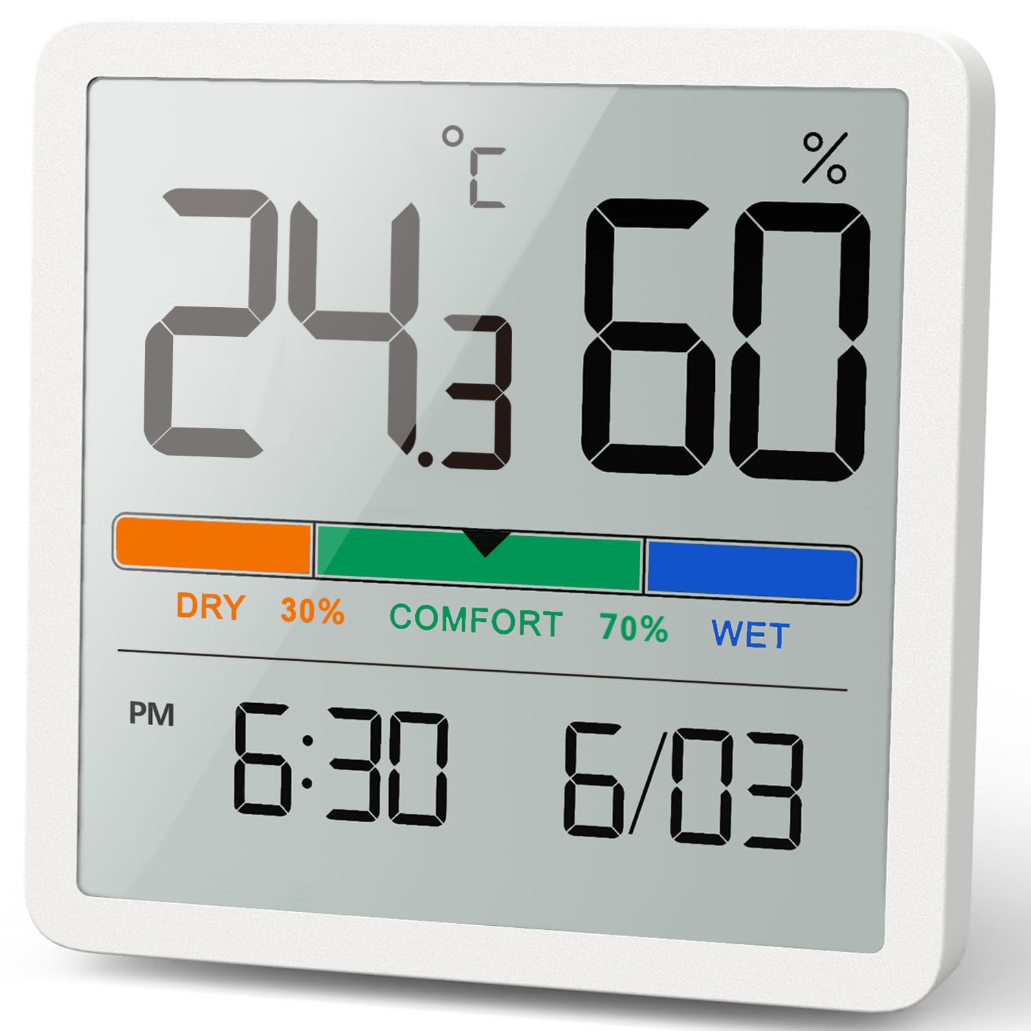 Termometru-higrometru digital de birou pentru interior, măsoară temperatura și umiditatea, afișaj compact precis de 7 cm, alb