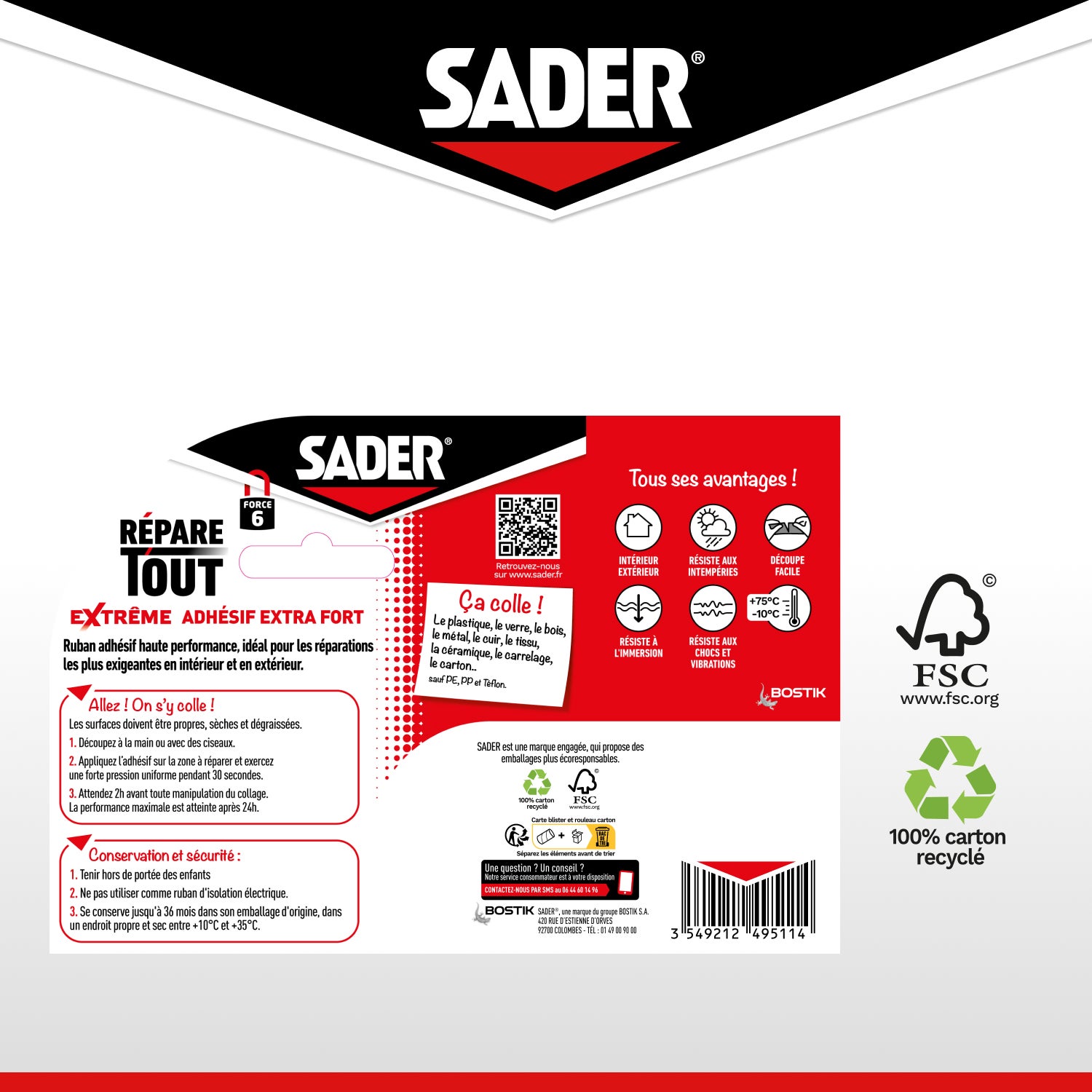Sader Repare Tout Extrême Noir- Adhésif Extra Fort - Hautes Performances - Intérieur & Exterieur - Toutes Surfaces - Facile à Découper - 20m x 50mm - 6
