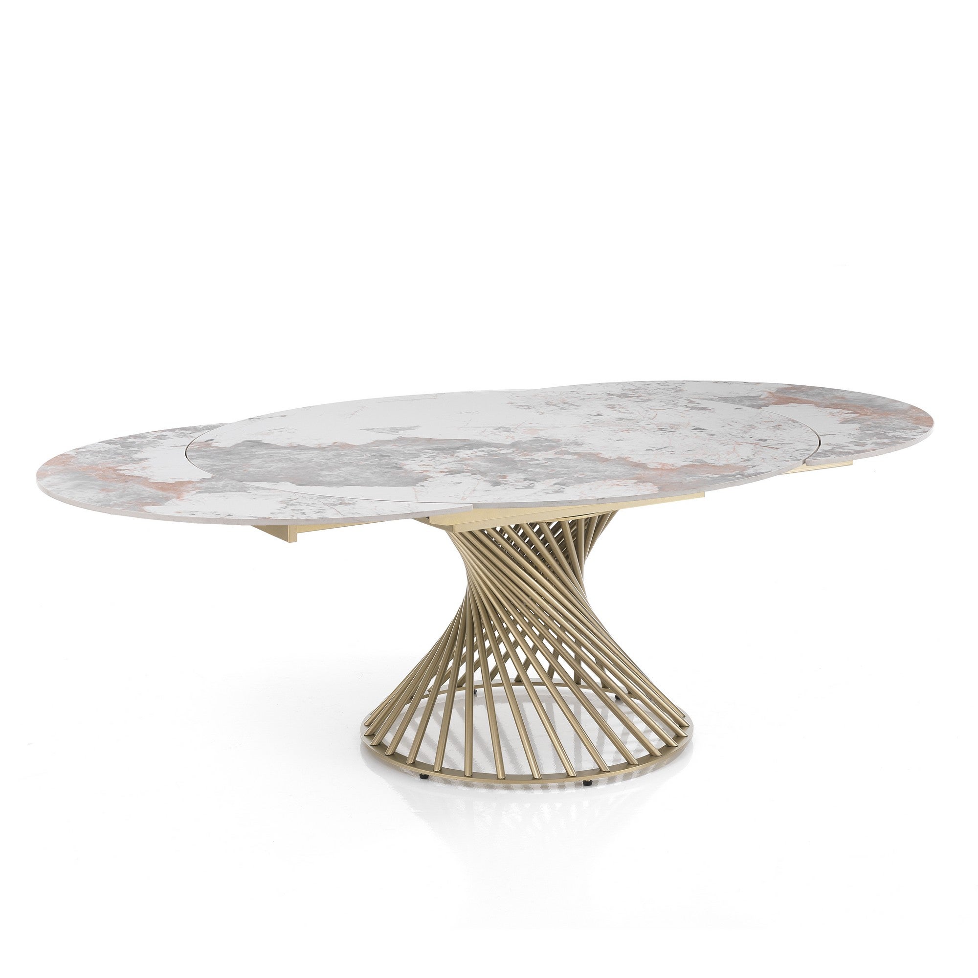 Stół rozkładany JORUM 1 – metal w kolorze szampańskiego złota, ceramika Onyx Marble, wys. 75 cm, Ø 120 cm, dł. 180 cm, 4/8 miejsc, do jadalni