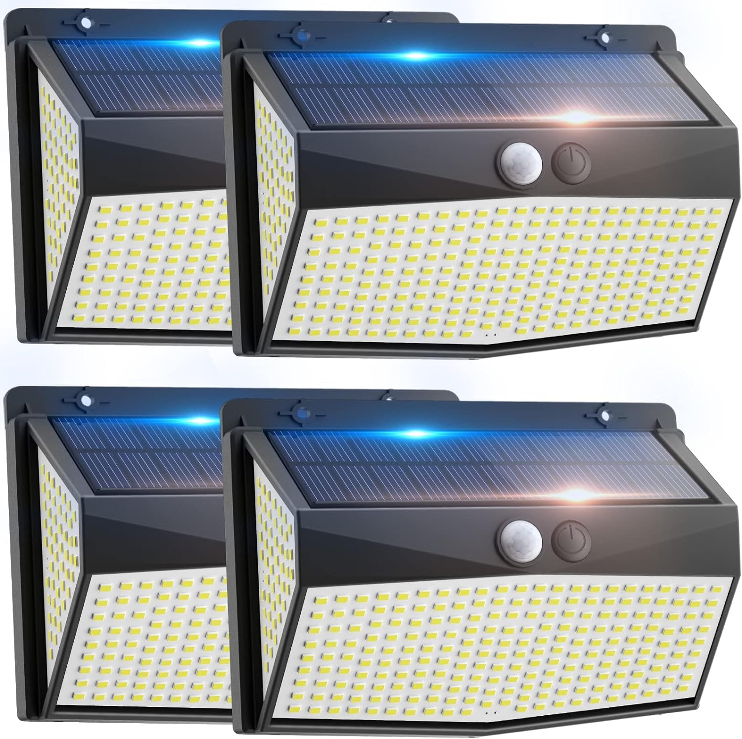 Zewnętrzna lampa solarna z czujnikiem ruchu, 318 LED, z 3 trybami oświetlenia, wodoodporna, reflektory (6500K, zestaw 4 sztuk)