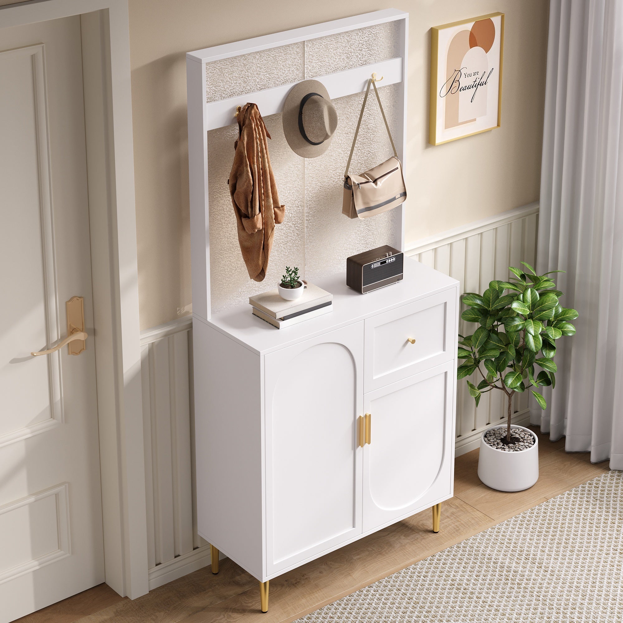 Ensemble vestiaire d'entrée 80x35x175.5 cm - 2 portes et 1 tiroir - avec 3 crochets - Étagères réglables - MDF - Blanc - 4