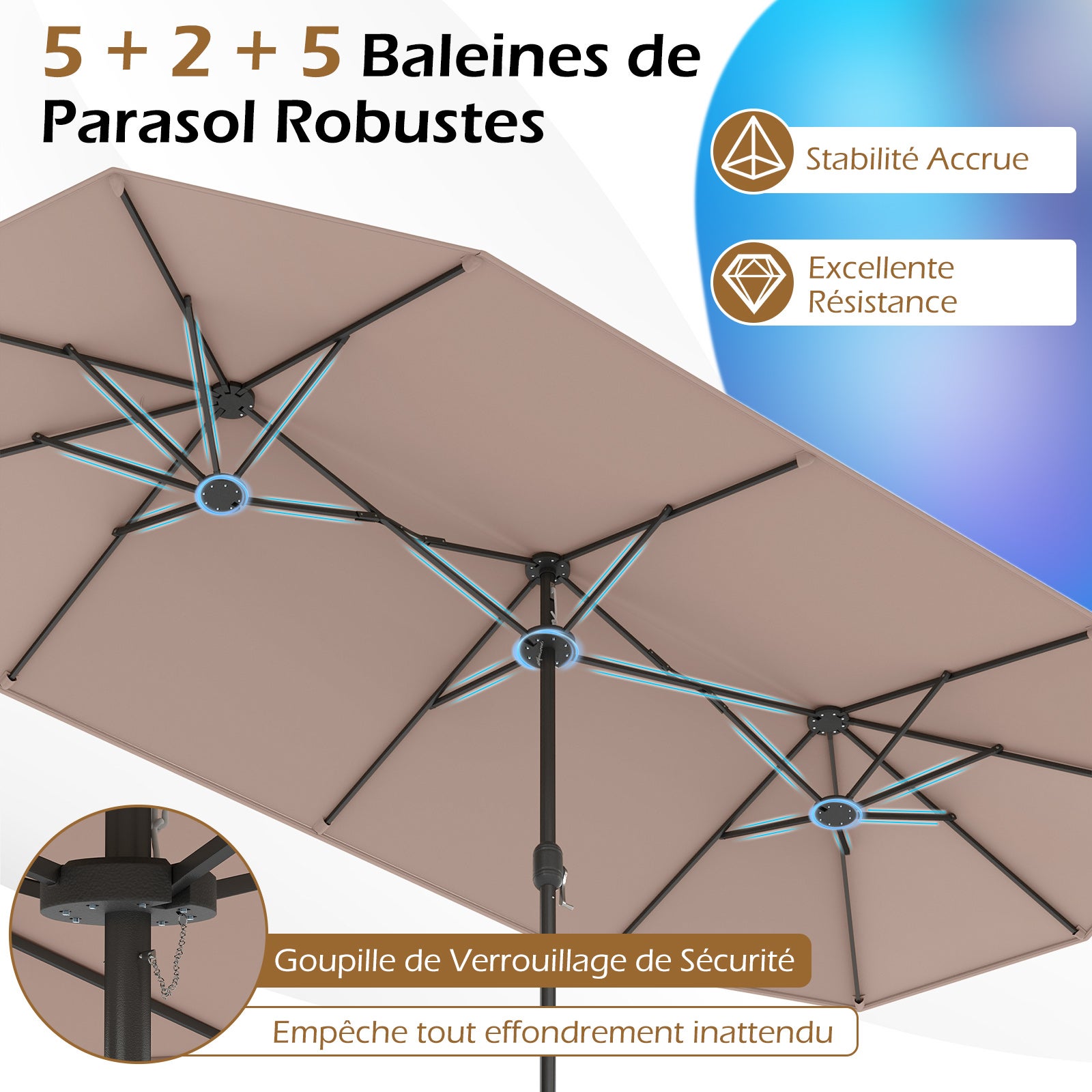 Parasol Double de Jardin 396 x 201 CM, Parasol Extra Large avec Manivelle et Socle Robuste, Parasol Jumeau pour Cour, Patio, Terrasse, Brun - 6