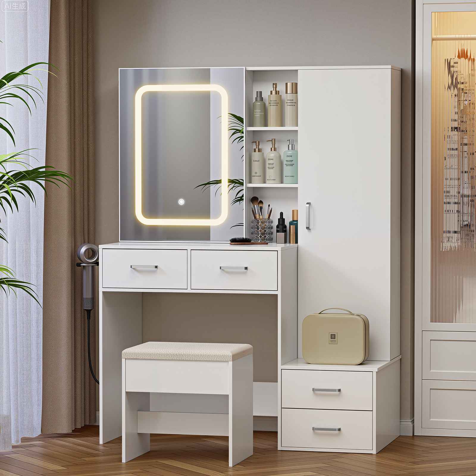 Scrivania da trucco con specchio,mobiletto da trucco con cassetto e ripiani portaoggetti,3modalità di colore disponibili per la camera da letto,bianco - 6
