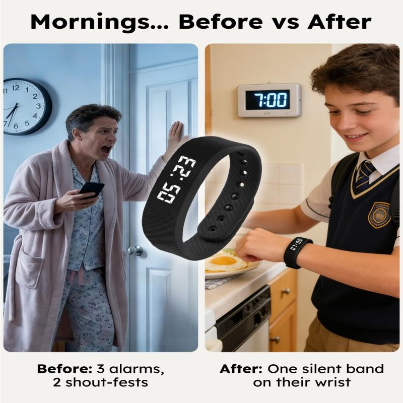 Bracelet réveil vibrant pour gros dormeurs, réveil silencieux intelligent, noir - 3