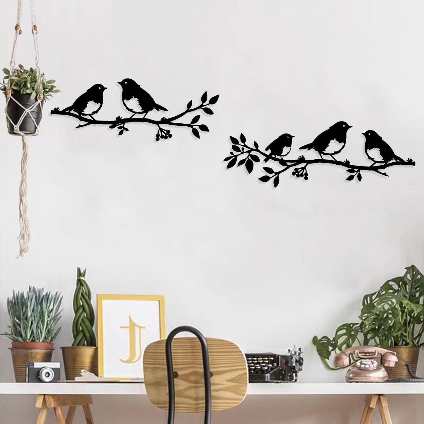 Lot de 2 oiseaux muraux en métal sur une branche,Décoration murale oiseaux en métal,Décoration murale en forme de feuilles avec silhouette d'oiseaux - 5