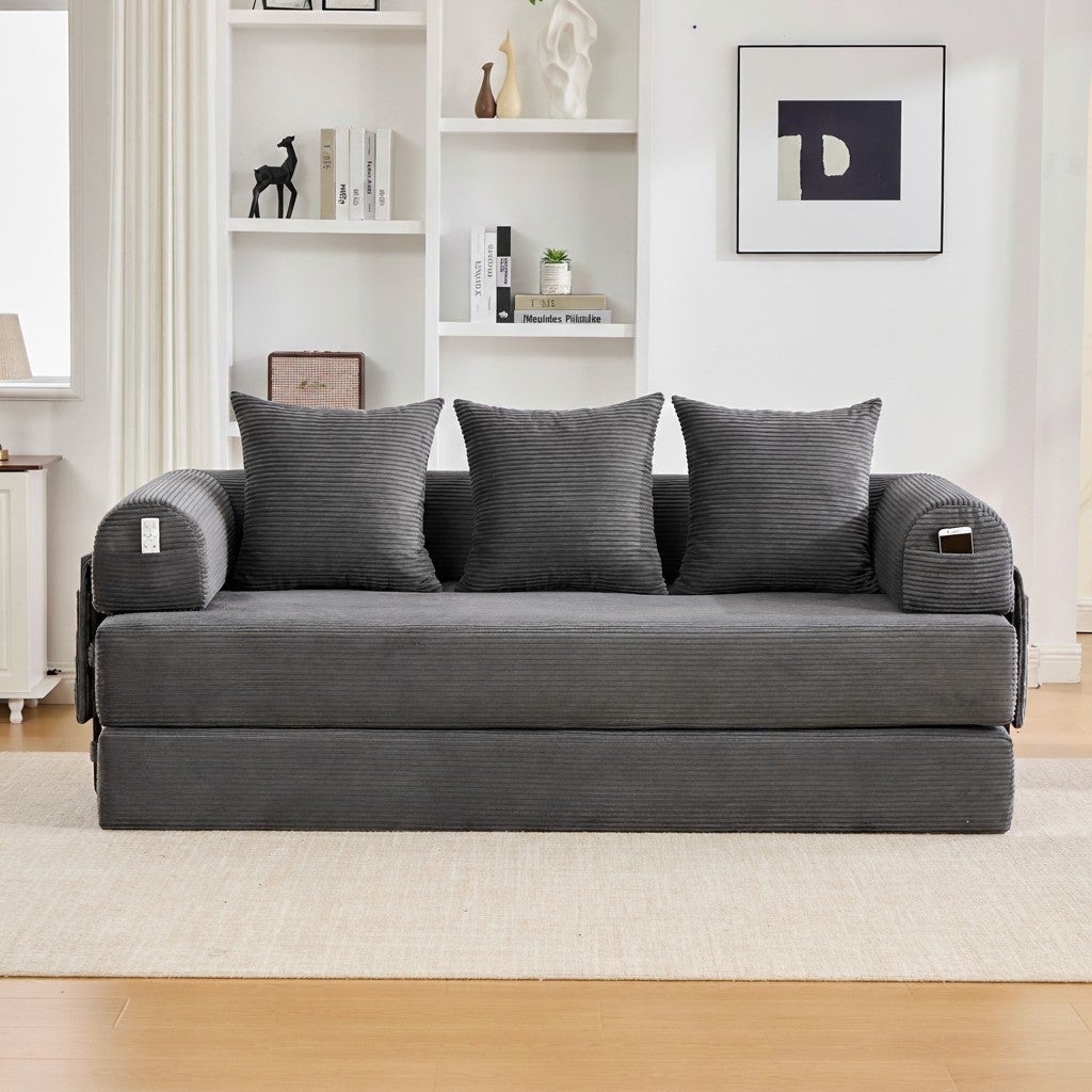 Canapé Modulaire Convertible Velours Côtelé Gris Foncé - Cadre Métal, 3 Coussins. Lit Salon Design Moderne 200cm - 5