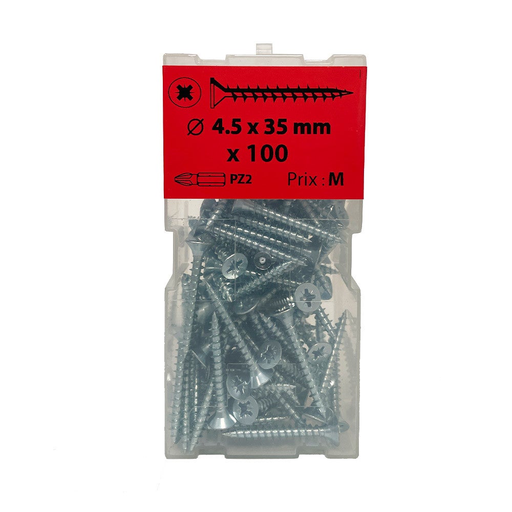 Boite 100 vis agglo 4,5 x 35mm tête fraisée pozidriv filetage | Leroy ...