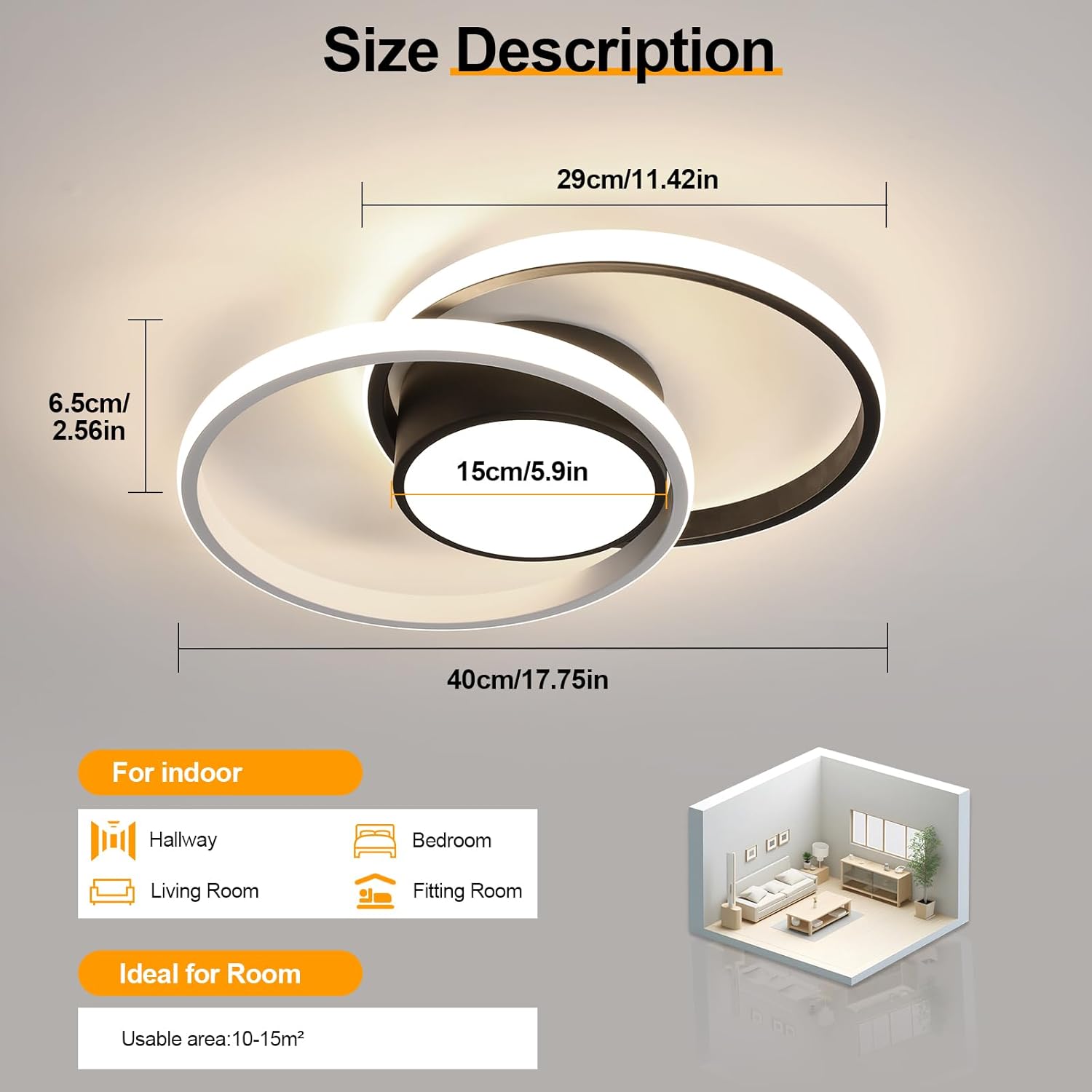 Lampada da soffitto LED Double Cercle Alu Blanc/Noir - 42W Lumière Neutre 4500K - Éclairage Moderne et Puissant - 4