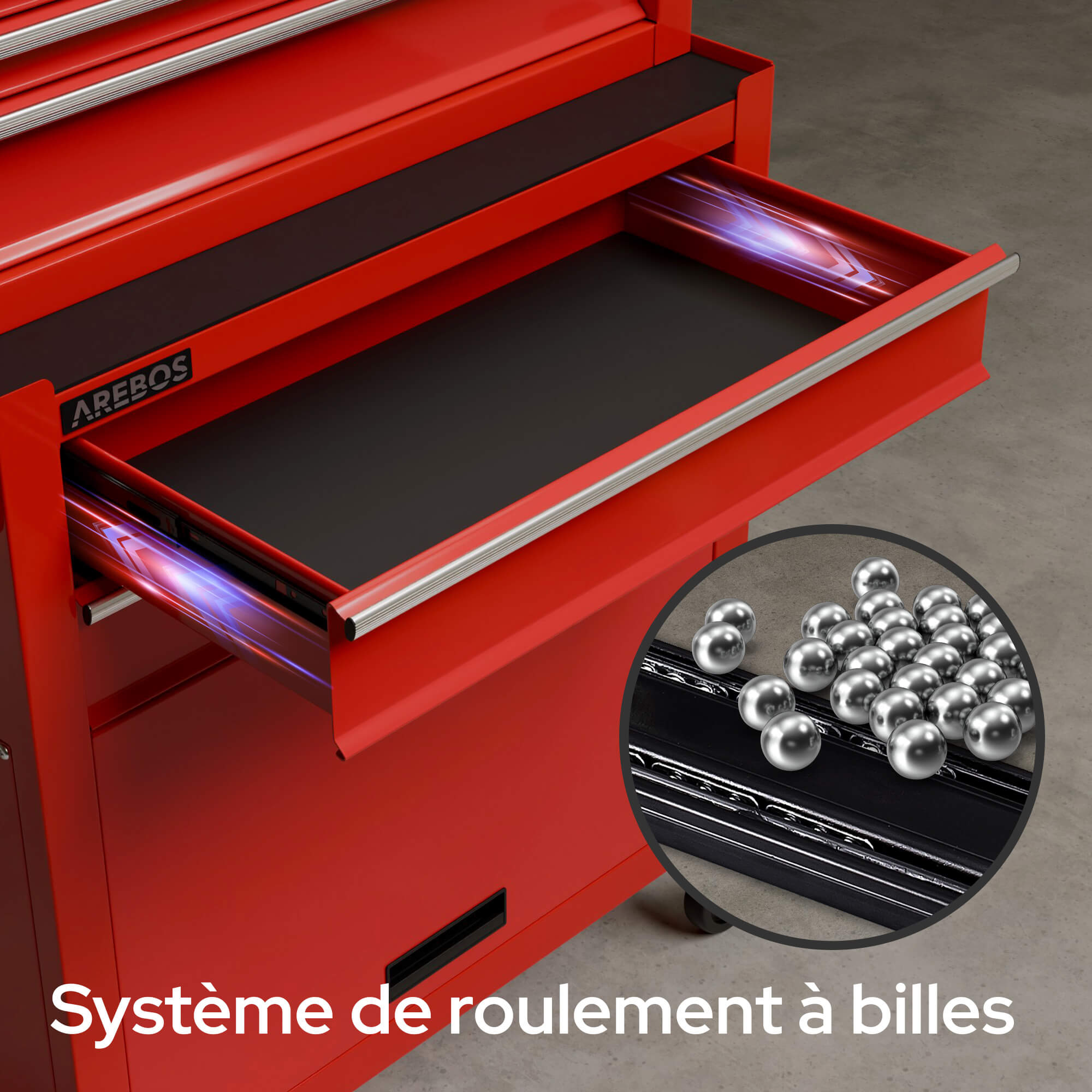 AREBOS Servante d’atelier 9 tiroirs Rouge – Coffre à outils mobile verrouillable, acier robuste, tiroirs à roulements à billes, roues freinées - 3