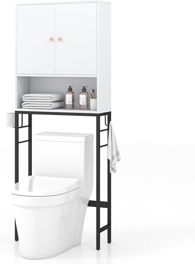 Meuble WC Au-Dessus des Toilettes, Meuble de Salle De Bain avec Armoire à Double Porte, Compartiment Ouvert, pour Buanderie, 63x23x165,5cm (Blanc)