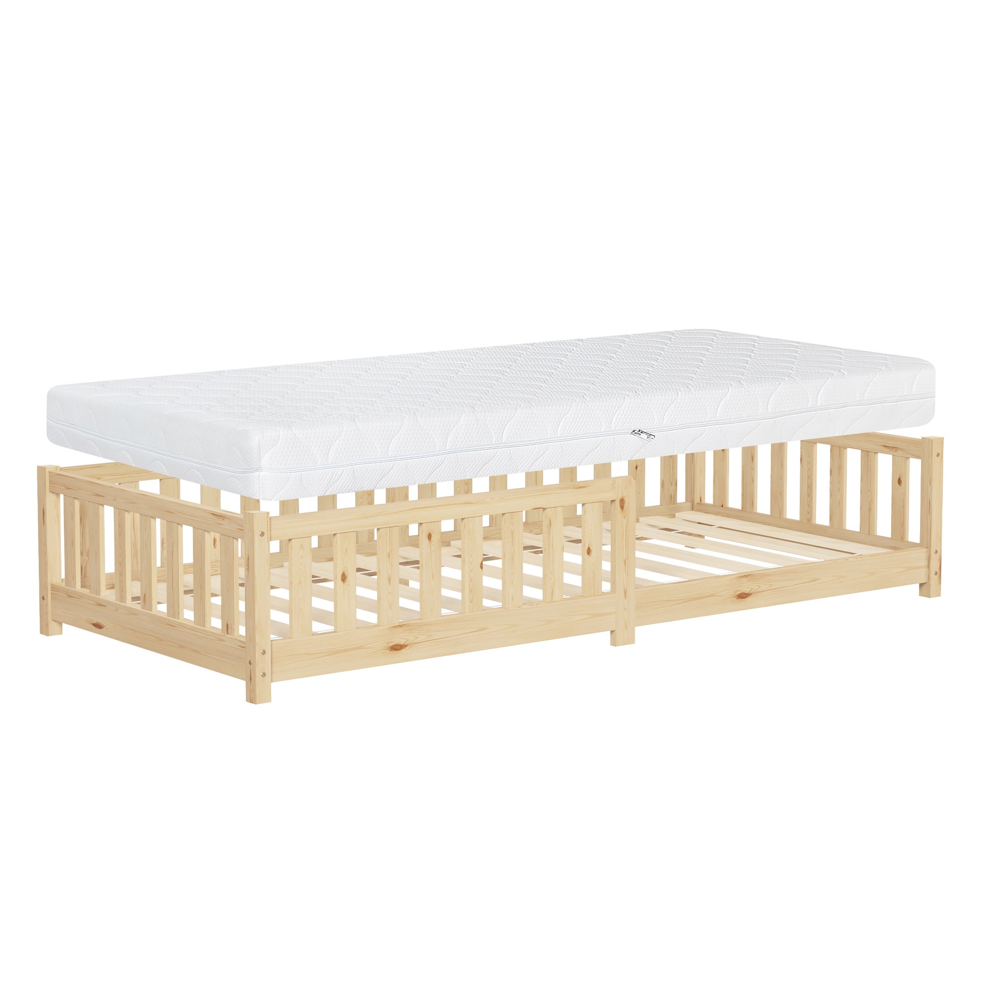 ML-Design łóżko dziecięce montessori 90x200 cm naturalne H:16 cm podlogowe z materacem solidnym stelazem i zabezpieczeniem lite drewno sosnowe
