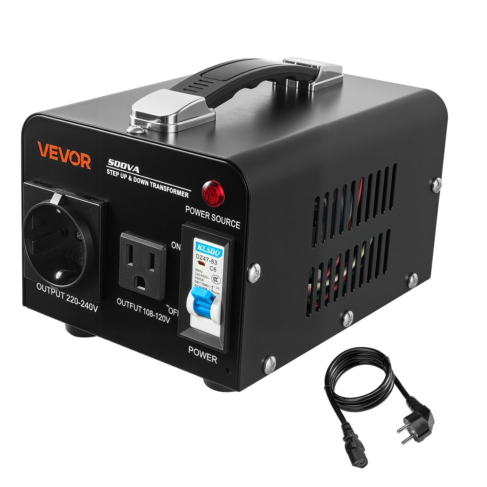 Transformateur VEVOR 220 V à 110 V et 110 V à 220 V, 500 VA, avec Prise Américaine, Prise Européenne, Cordon d'Alimentation, Protection Disjoncteur - 9