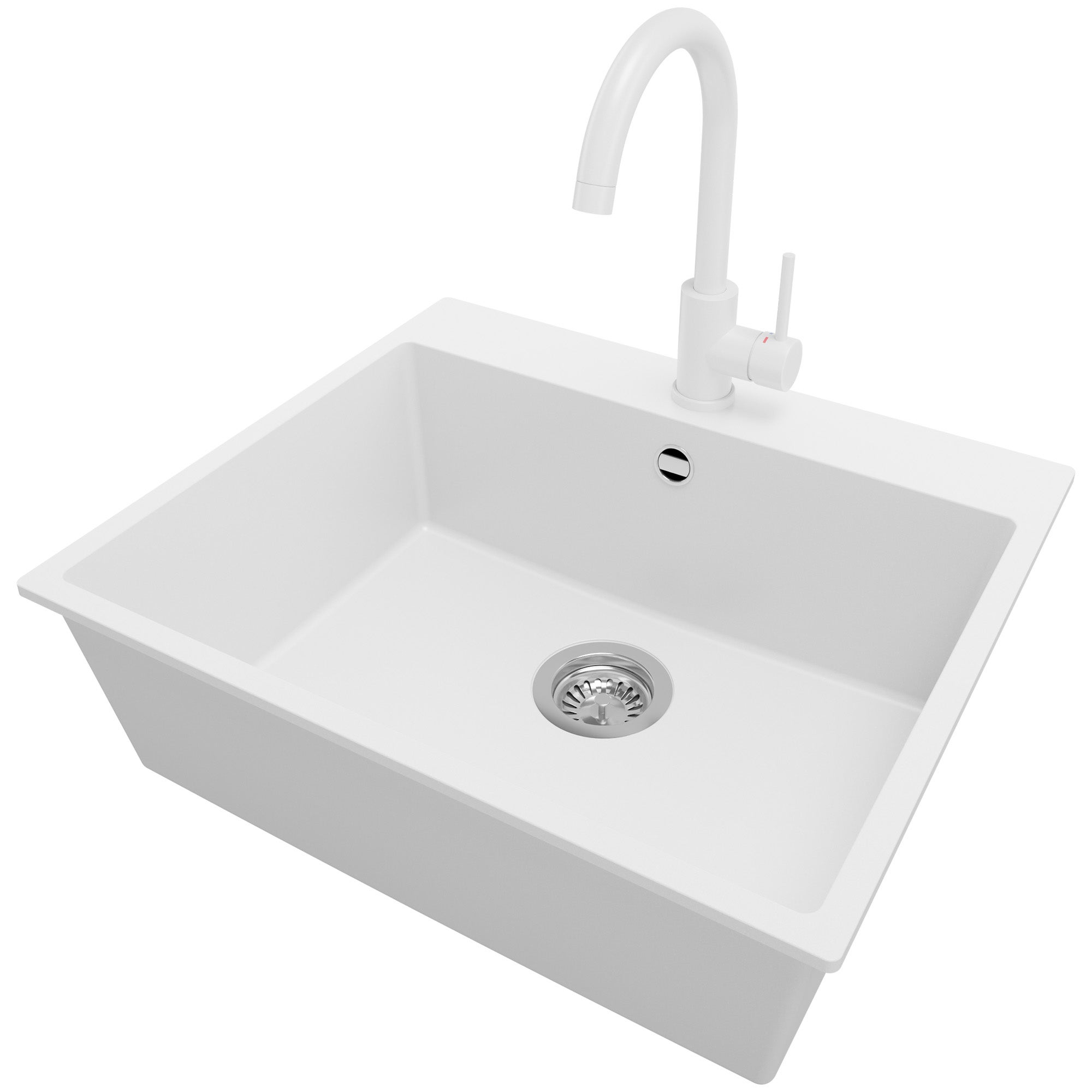 Zlewozmywak Granitowy Biały 58x50cm, Zlew Kuchenny 1 Komorowy + Bateria 32x20cm + Syfon, Nablatowy do szafki od 60cm - Ryga PRIMAGRAN