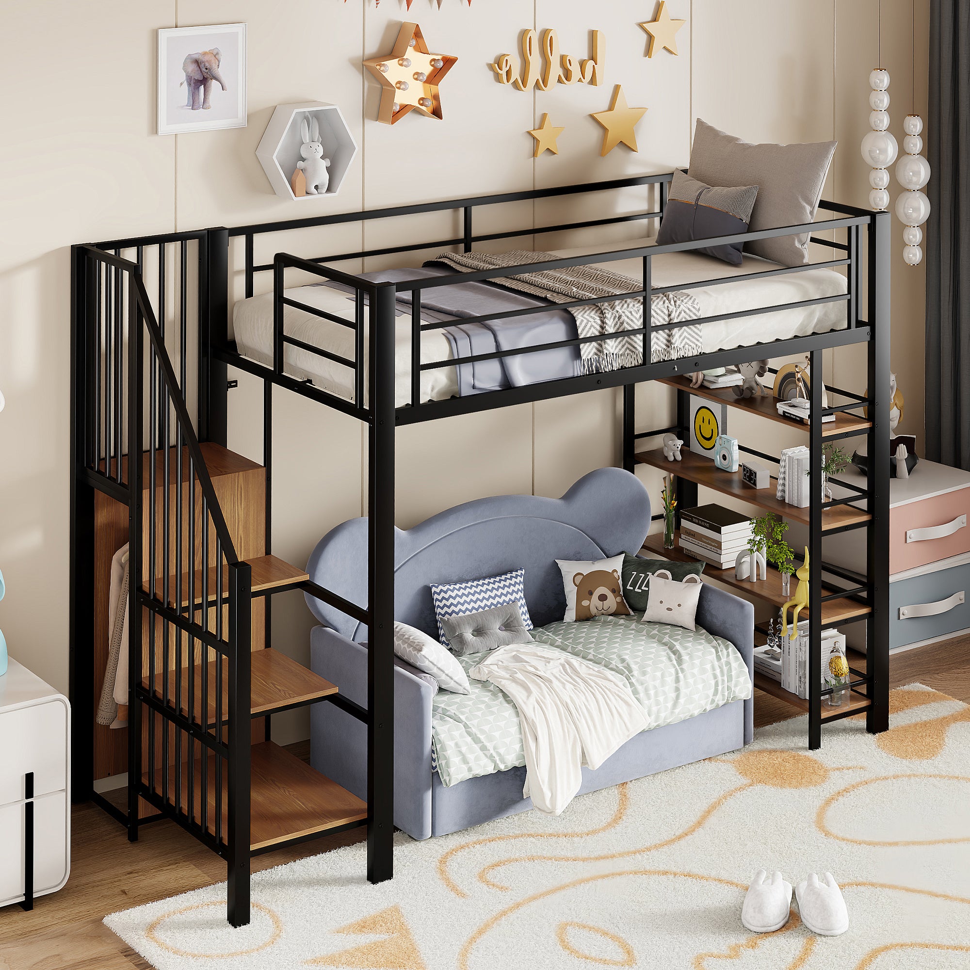 Lit mezzanine 90x200, avec escalier de sécurité, rangements, petite penderie et étagères, design haute clôture, lit adolescent, noir - 3