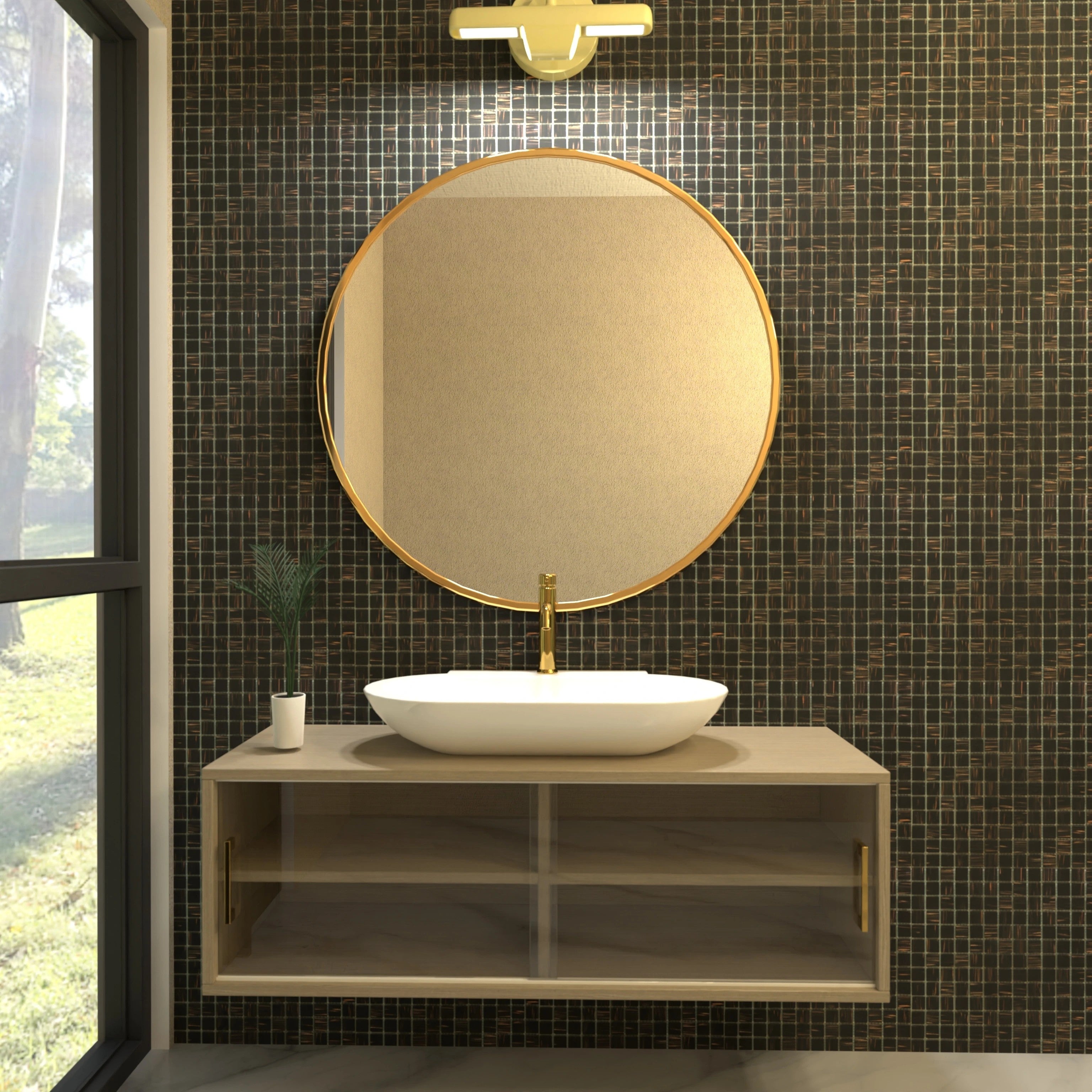 Mozaika szklana na siatce 32,5x32,5 cm ciemnobrązowa ze złotymi akcentami – 4 mm – 1 m² do łazienki i basenu<br>