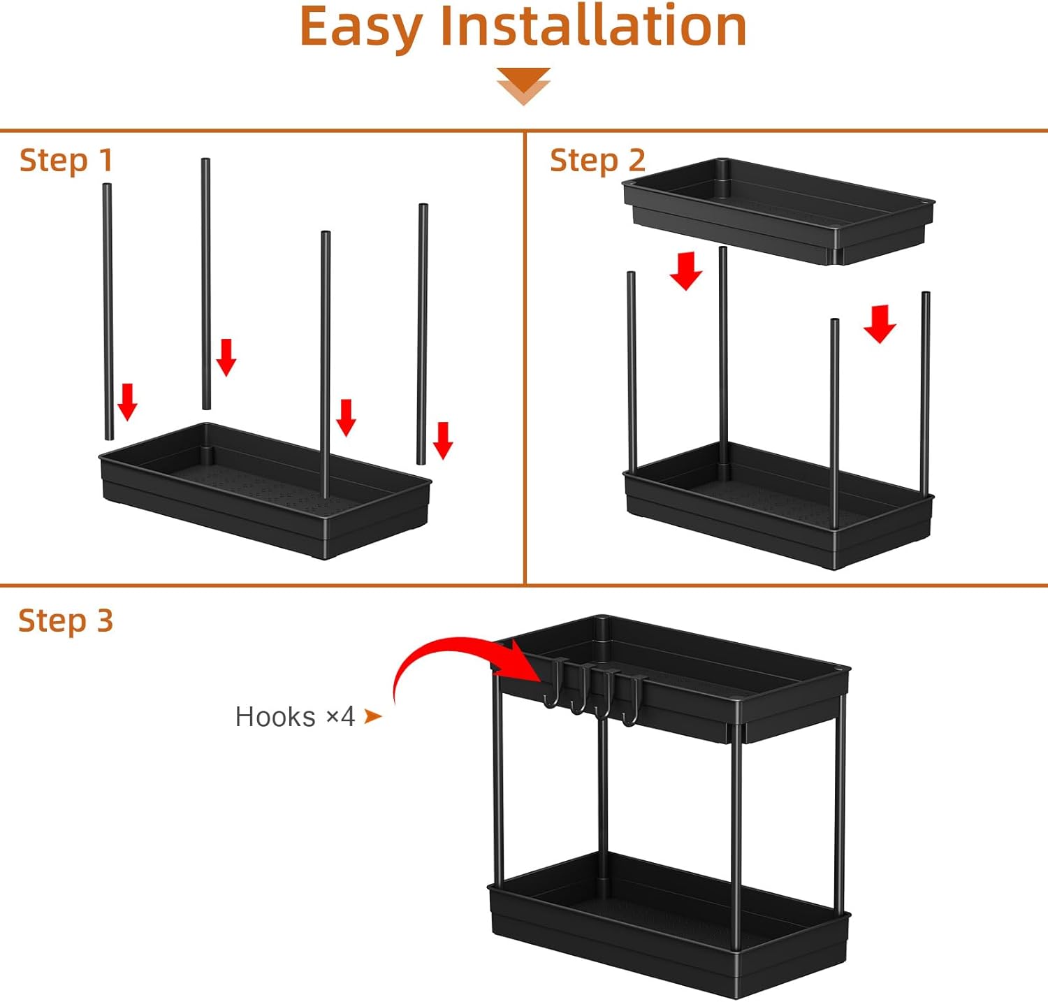 Lot de 2 étagères de rangement sous évier - Rangement et organisation pour cuisine et salle de bain, étagère sous évier à 2 niveaux, noir - 3
