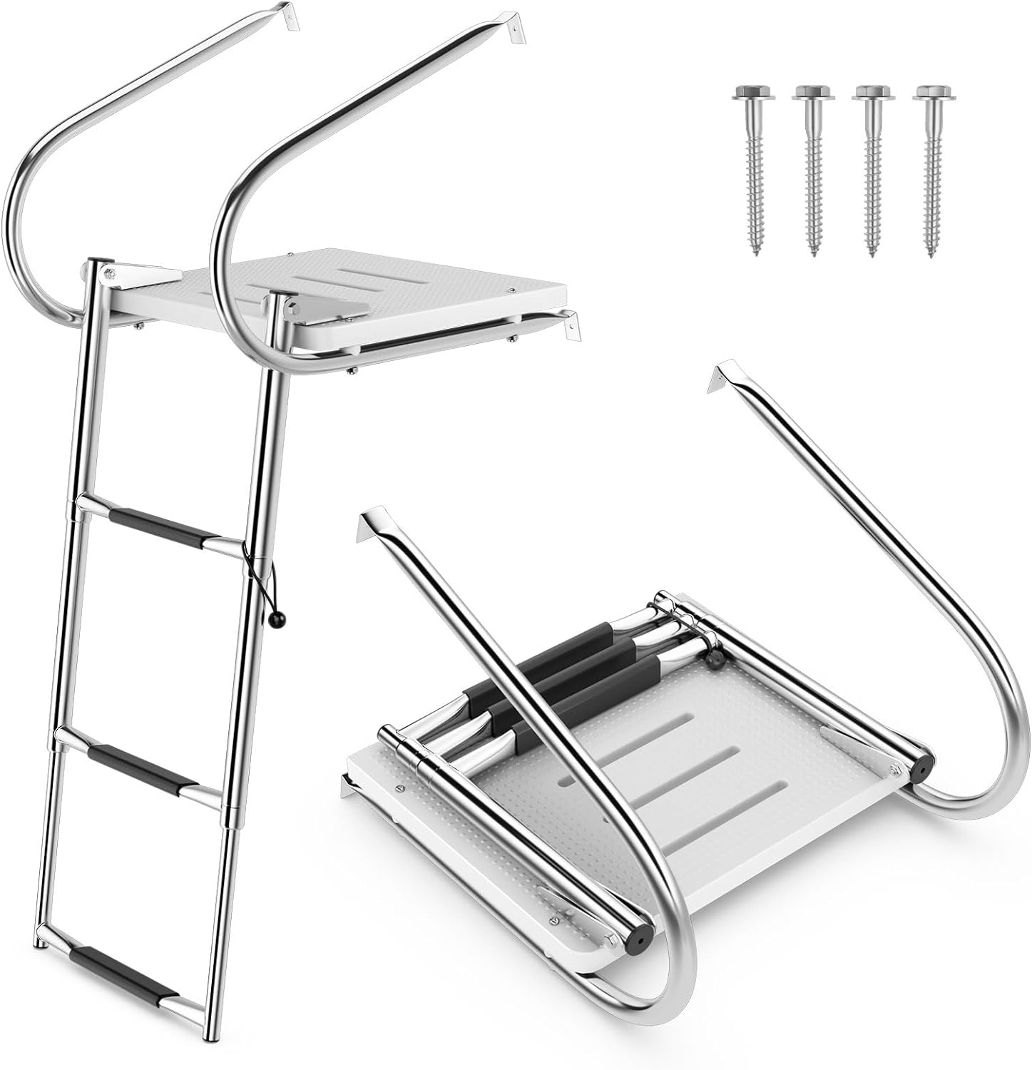 Teleskopowa Drabinka Basenowa z 3-Stopniową Platformą z Włókna Szklanego, Składana Drabinka Łodziowa, Ponton z 2 Rampami