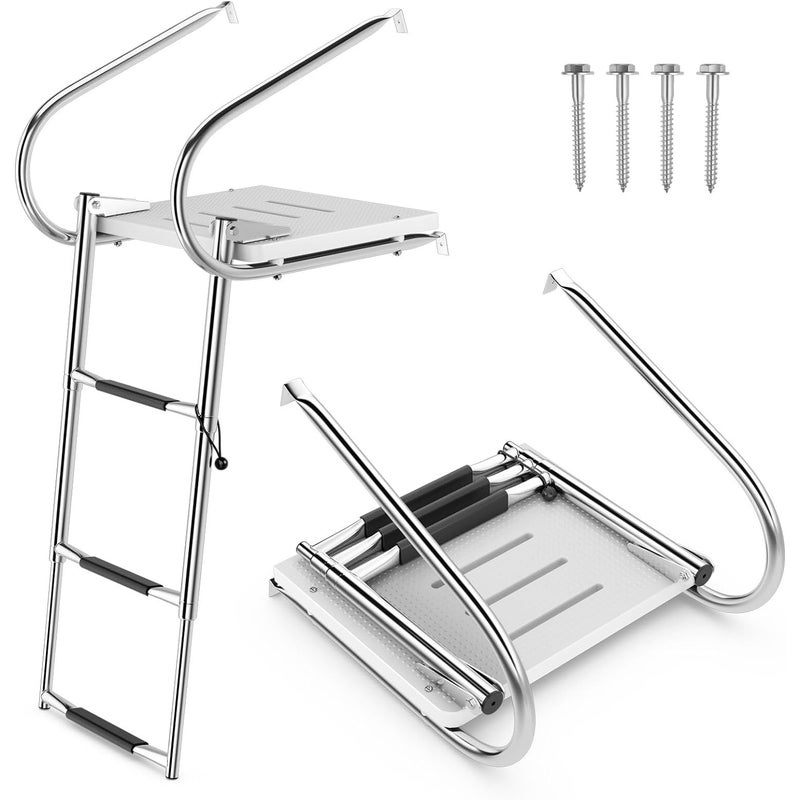 Teleskopowa Drabinka Basenowa z 3-Stopniową Platformą z Włókna Szklanego, Składana Drabinka Łodziowa, Ponton z 2 Rampami